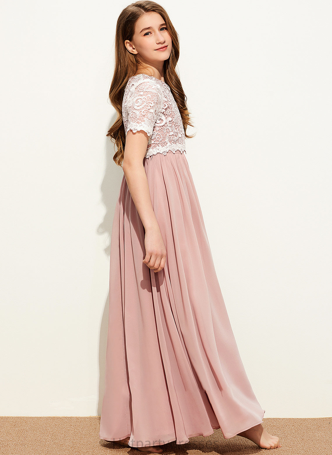 Lace Junior Bridesmaid Dresses A-Line Alena Chiffon Floor-Length Neck Scoop