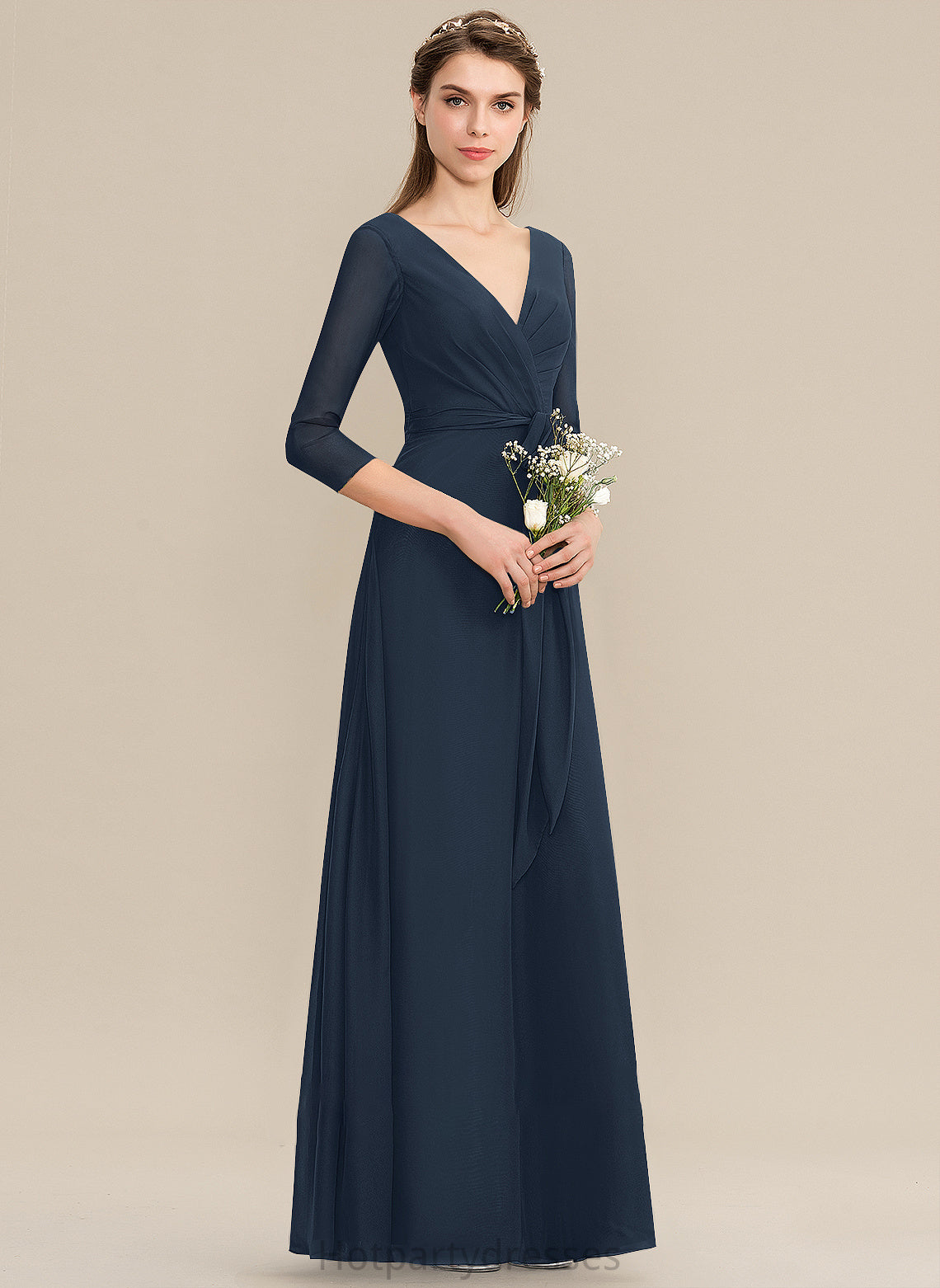 Neckline V-neck A-Line Bow(s) Embellishment Length Floor-Length Ruffle Silhouette Fabric Mariana V-Neck Bridesmaid Dresses