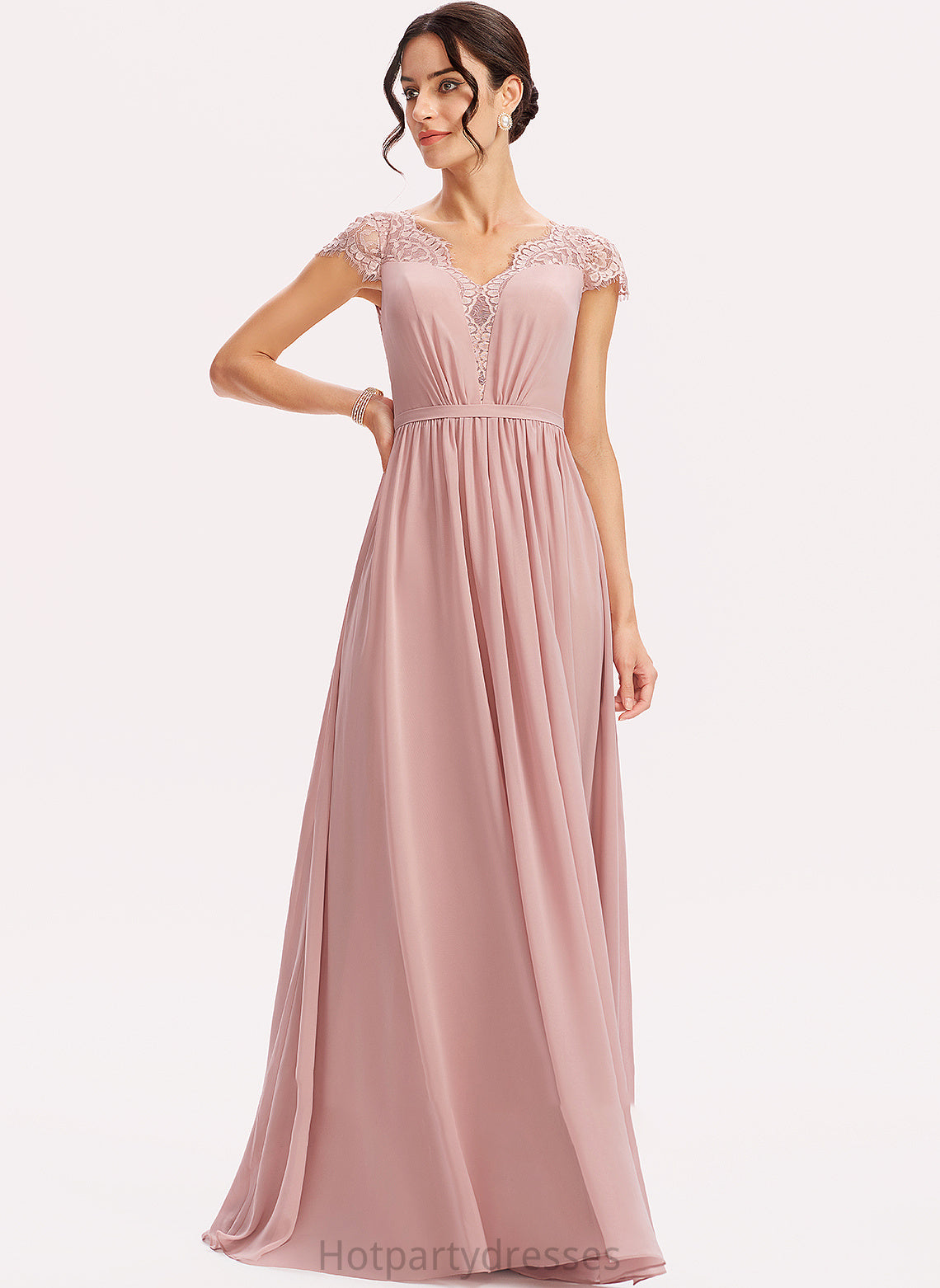 A-Line V-neck Lace Silhouette Neckline Length Fabric Floor-Length Embellishment Destiny Floor Length Natural Waist Bridesmaid Dresses