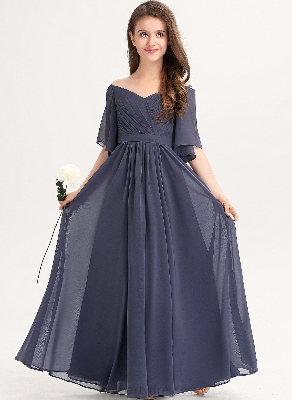 Ruffle Floor-Length Jaelyn Chiffon A-Line Off-the-Shoulder Junior Bridesmaid Dresses With Bow(s)