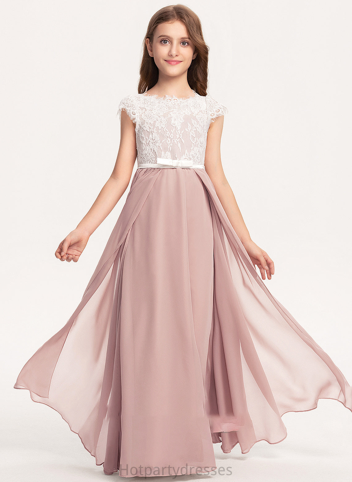 Lace Neck A-Line Bow(s) Chiffon Junior Bridesmaid Dresses Gabrielle Floor-Length Scoop With