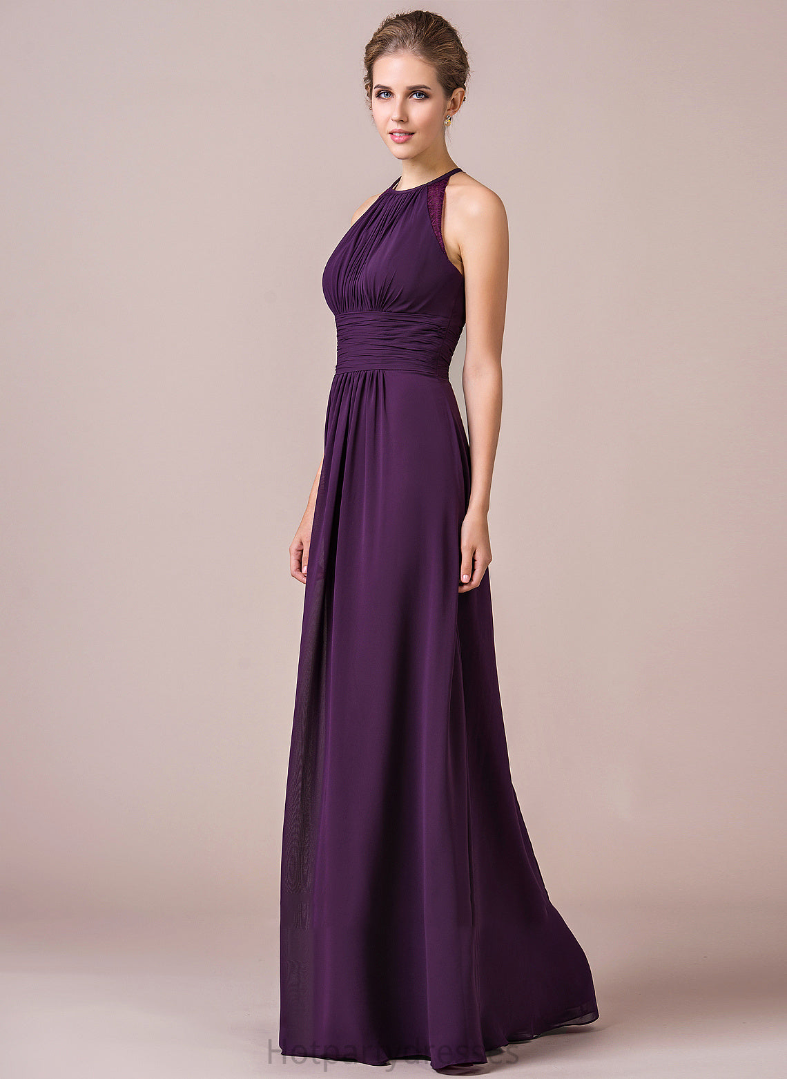 Fabric Neckline A-Line Halter Lace Length Floor-Length Ruffle Embellishment Silhouette Jadyn Sleeveless Bridesmaid Dresses