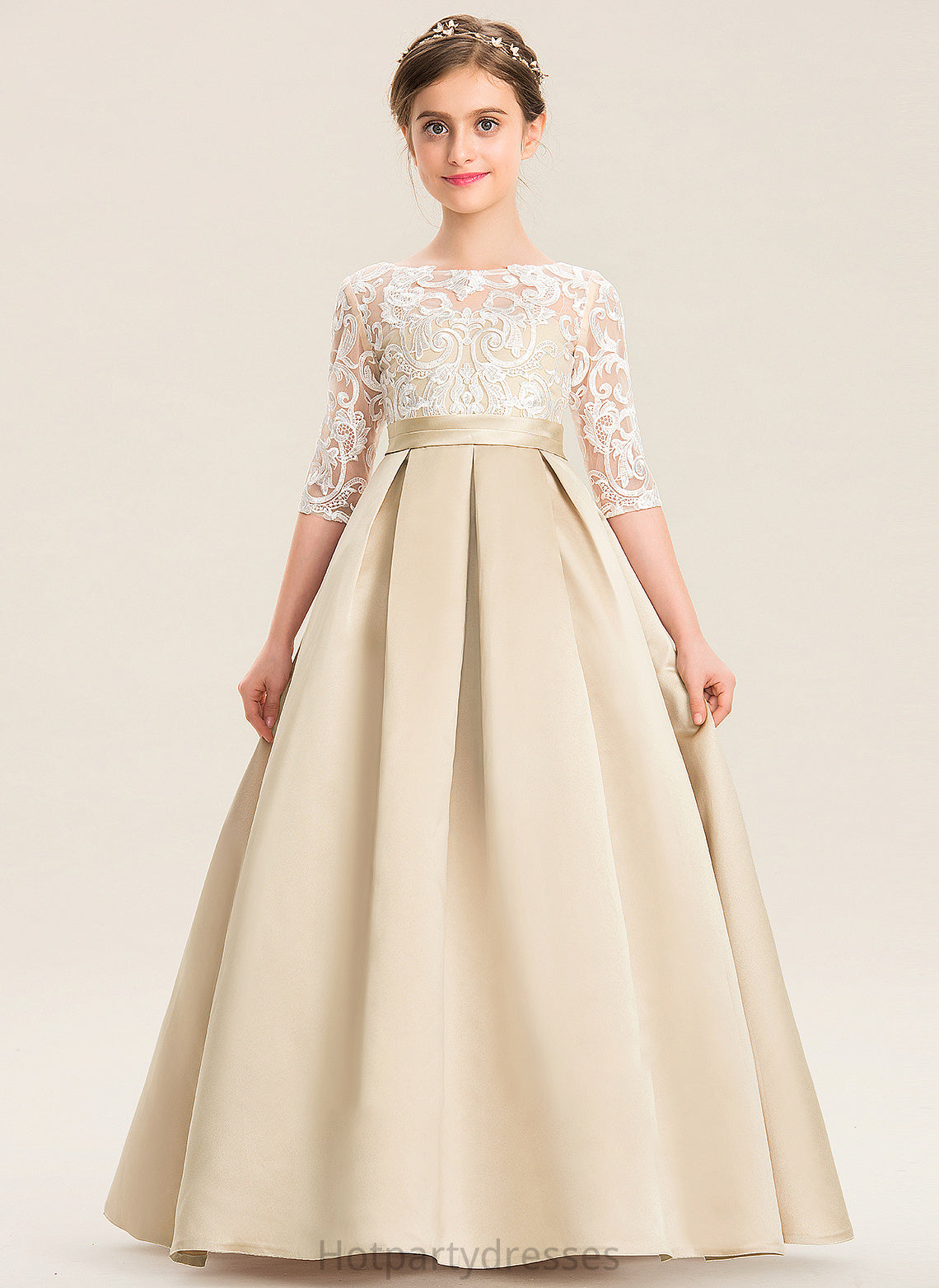 Floor-Length Lace Junior Bridesmaid Dresses Neck Satin Scoop Chana Ball-Gown/Princess