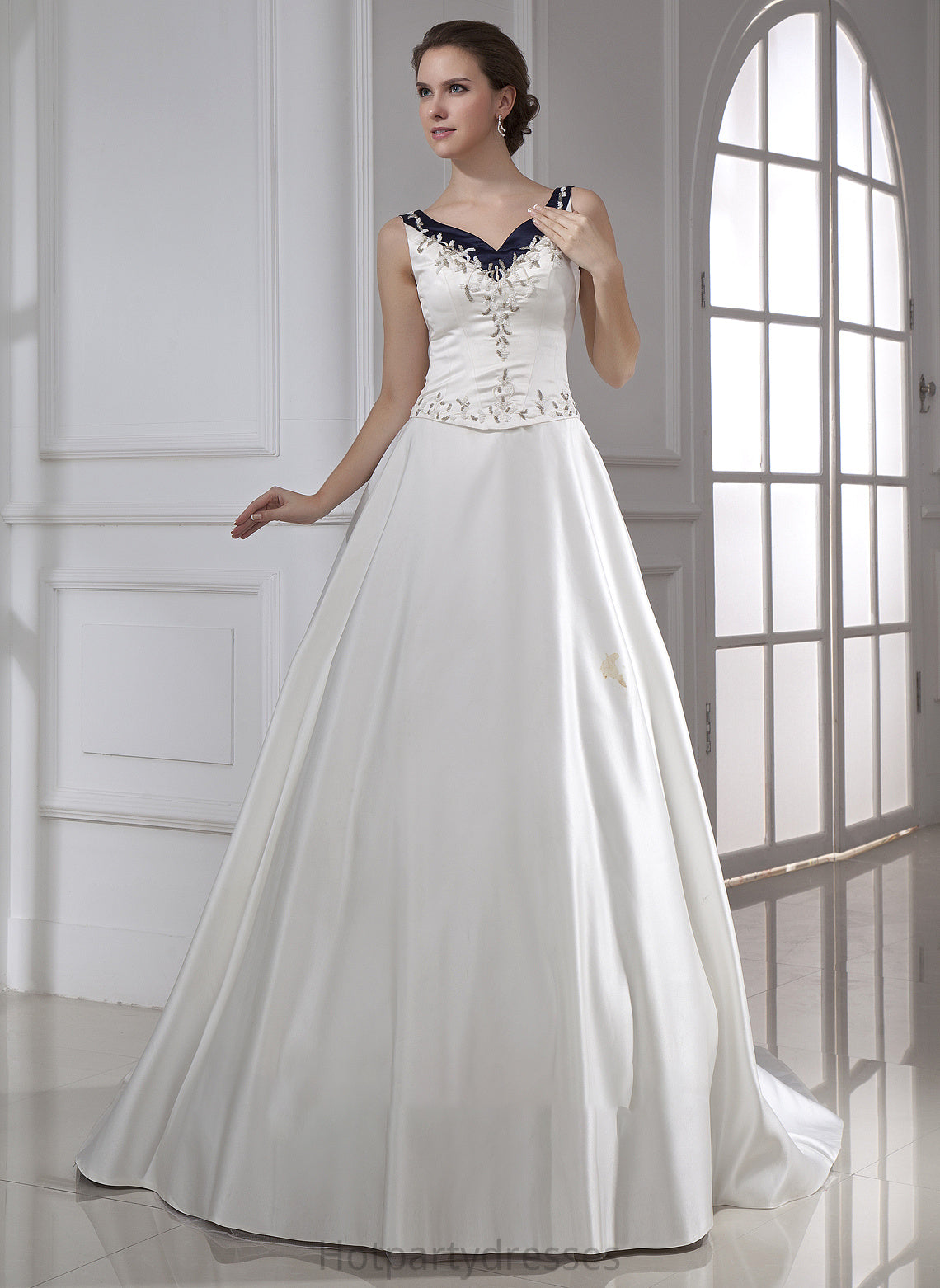 Ball-Gown/Princess Wedding Wedding Dresses V-neck Sequins Train Satin Embroidered Chapel With Beading Maribel Dress