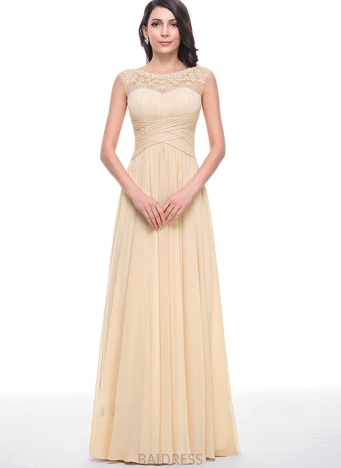 Ruffle Beading Charlotte Flower(s) Floor-Length Neck Prom Dresses A-Line Chiffon With Scoop