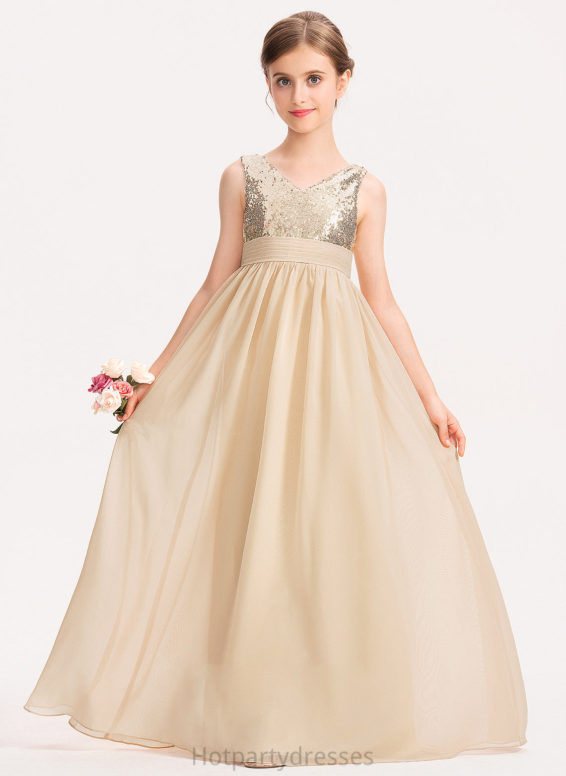Chiffon Floor-Length Cierra With Sequined A-Line V-neck Ruffle Junior Bridesmaid Dresses