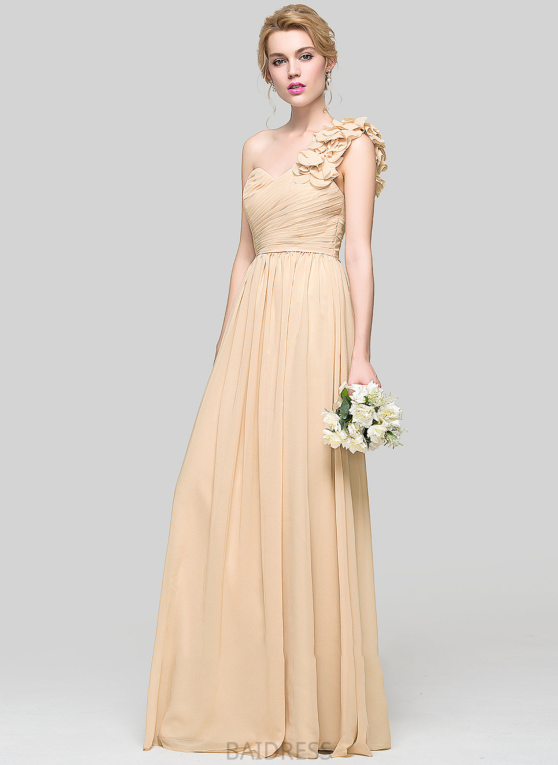 Ruffle Chiffon Floor-Length Flower(s) One-Shoulder A-Line Karlee With Prom Dresses