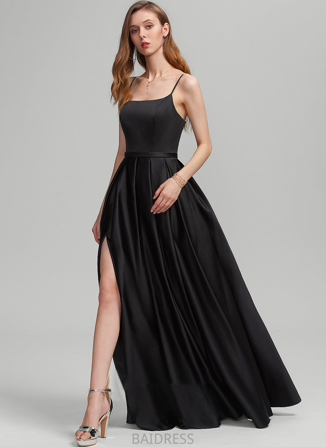 With Lilah Square Neckline Front Pockets A-Line Floor-Length Split Prom Dresses Satin