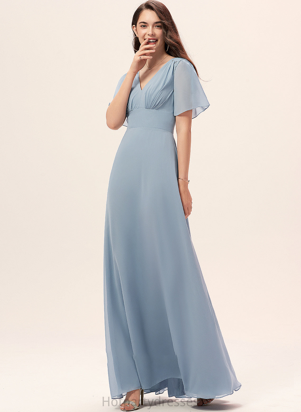 Straps Fabric Floor-Length A-Line Length V-neck Silhouette Neckline Sierra Half Sleeves Tea Length V-Neck Bridesmaid Dresses