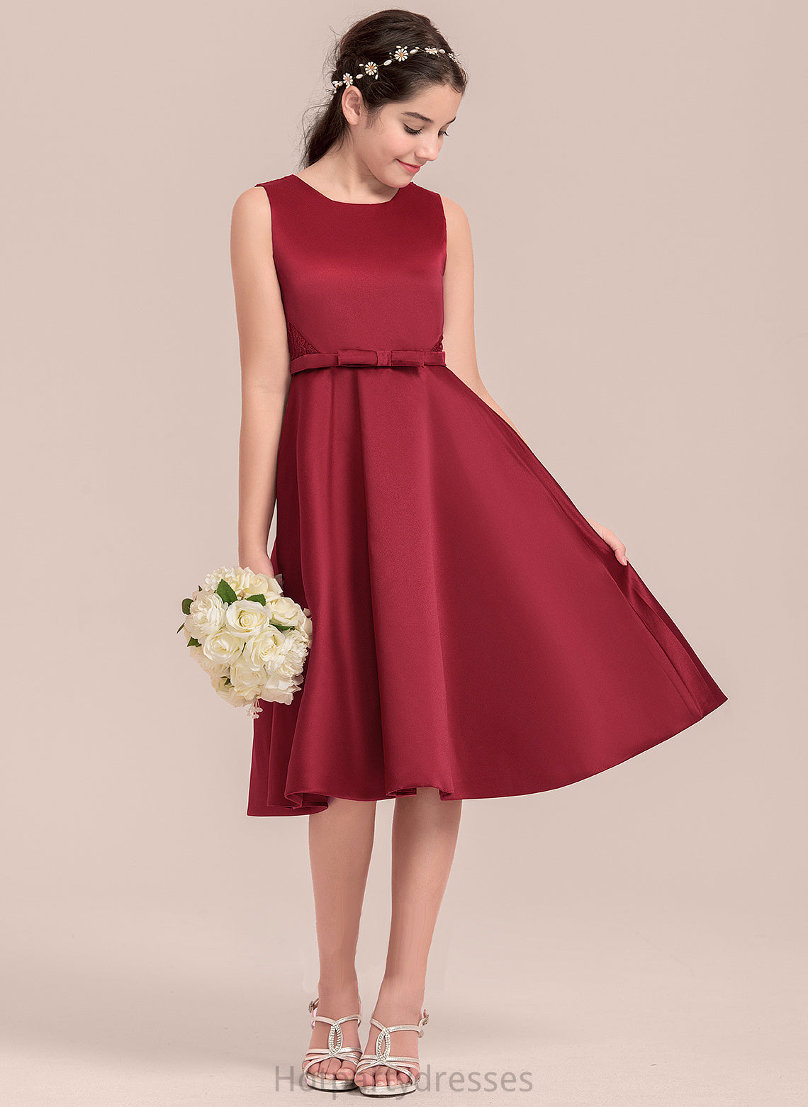 Scoop Knee-Length A-Line Neck With Junior Bridesmaid Dresses Lace Satin Bow(s) Savanah