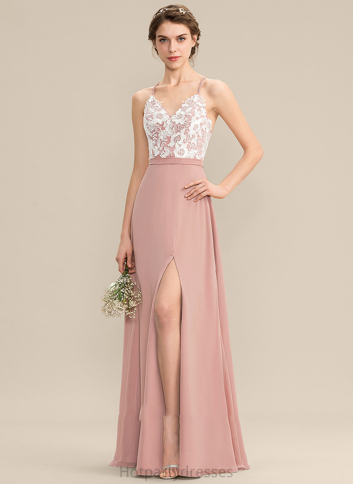 Floor-Length Neckline Fabric V-neck Silhouette Length SplitFront Embellishment A-Line Lorena Bridesmaid Dresses