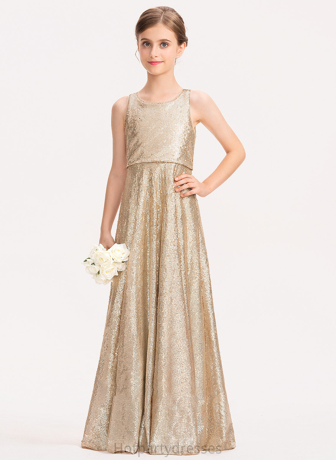 A-Line Sequined Elizabeth Neck Scoop Floor-Length Junior Bridesmaid Dresses
