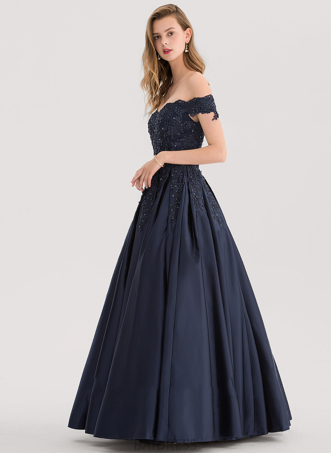 Floor-Length Simone Satin Prom Dresses Sequins Off-the-Shoulder With Beading Ball-Gown/Princess