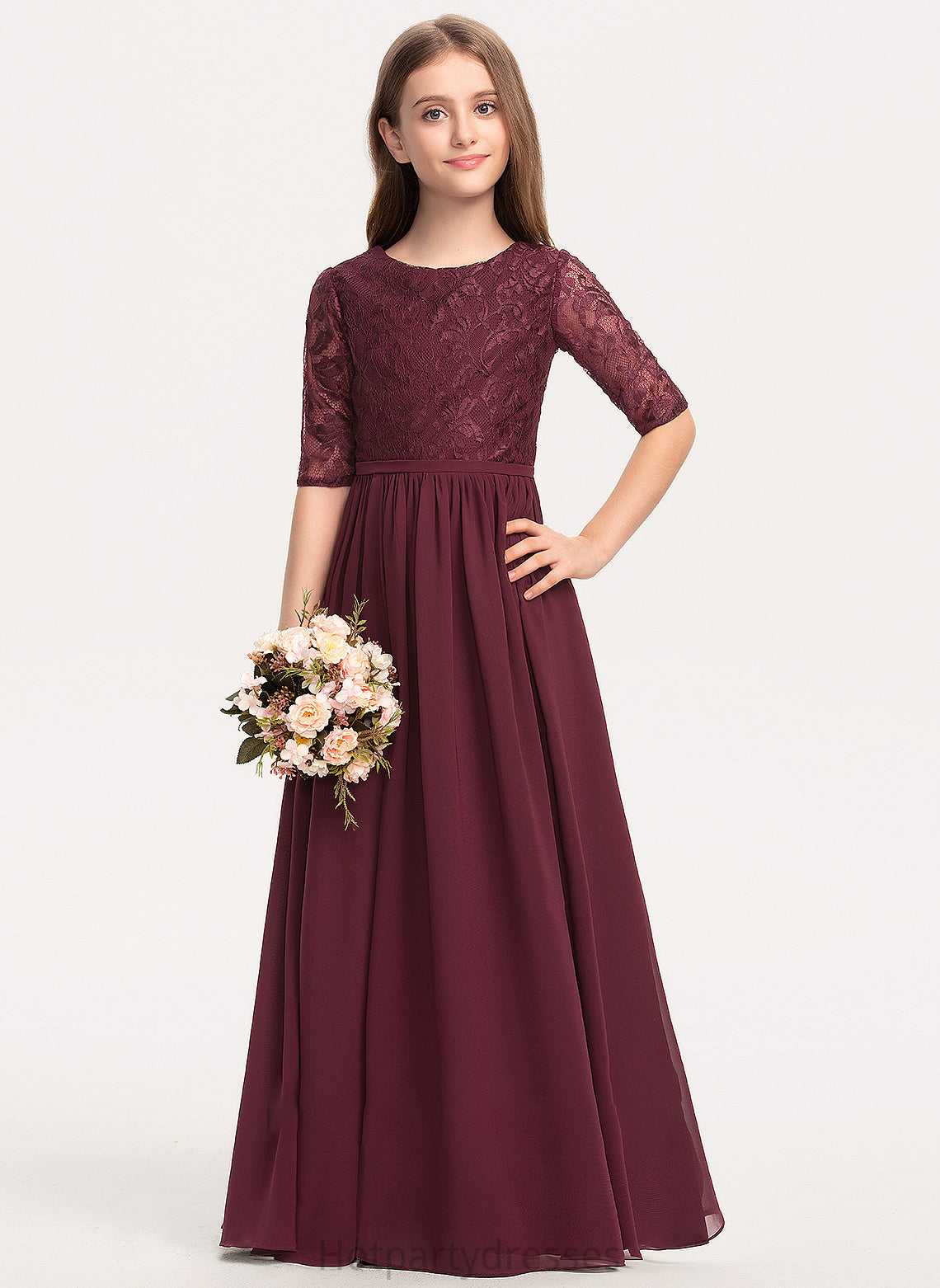 Junior Bridesmaid Dresses Lace Scoop Floor-Length Neck A-Line Karley Chiffon
