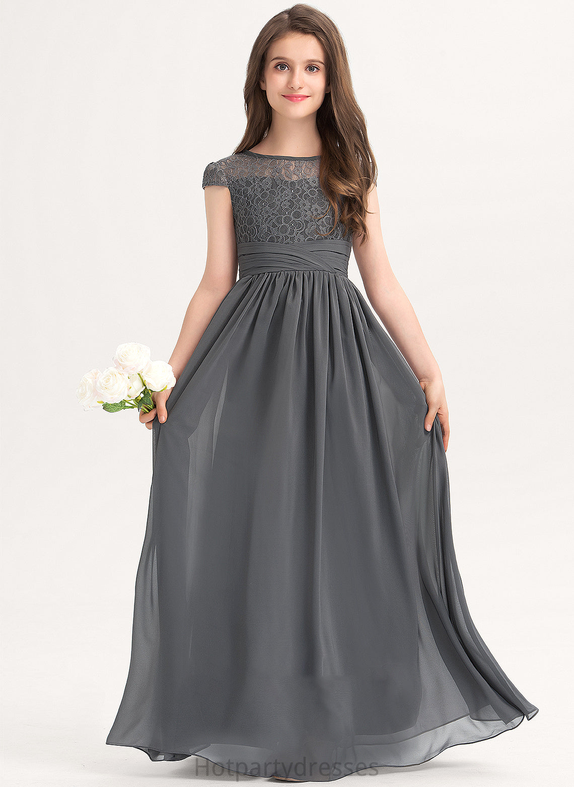 With Floor-Length Scoop Ruffle Neck Junior Bridesmaid Dresses Lace A-Line Carina Chiffon
