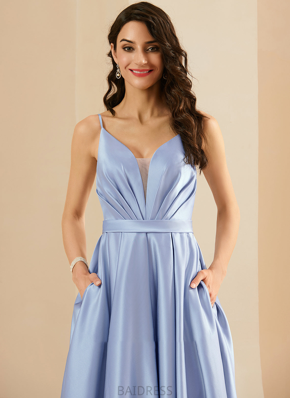 Prom Dresses Ruffle Pockets Floor-Length Satin Ball-Gown/Princess With V-neck Elisabeth
