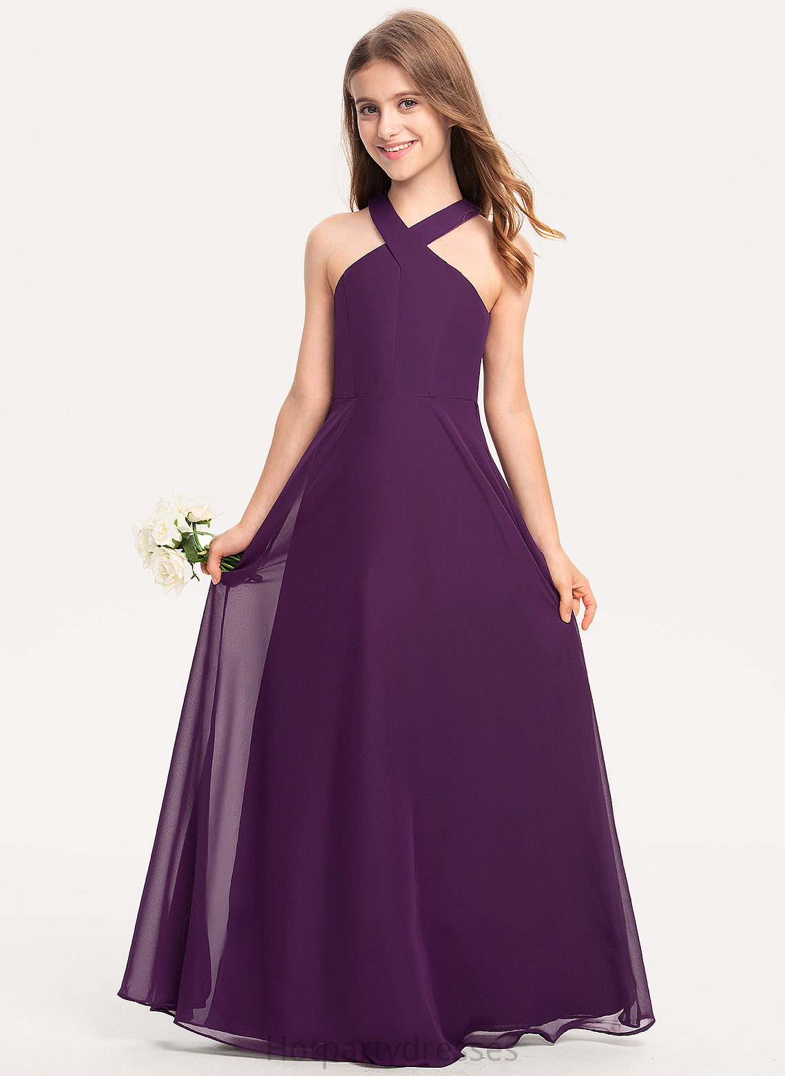 Junior Bridesmaid Dresses Floor-Length V-neck A-Line Tia Chiffon