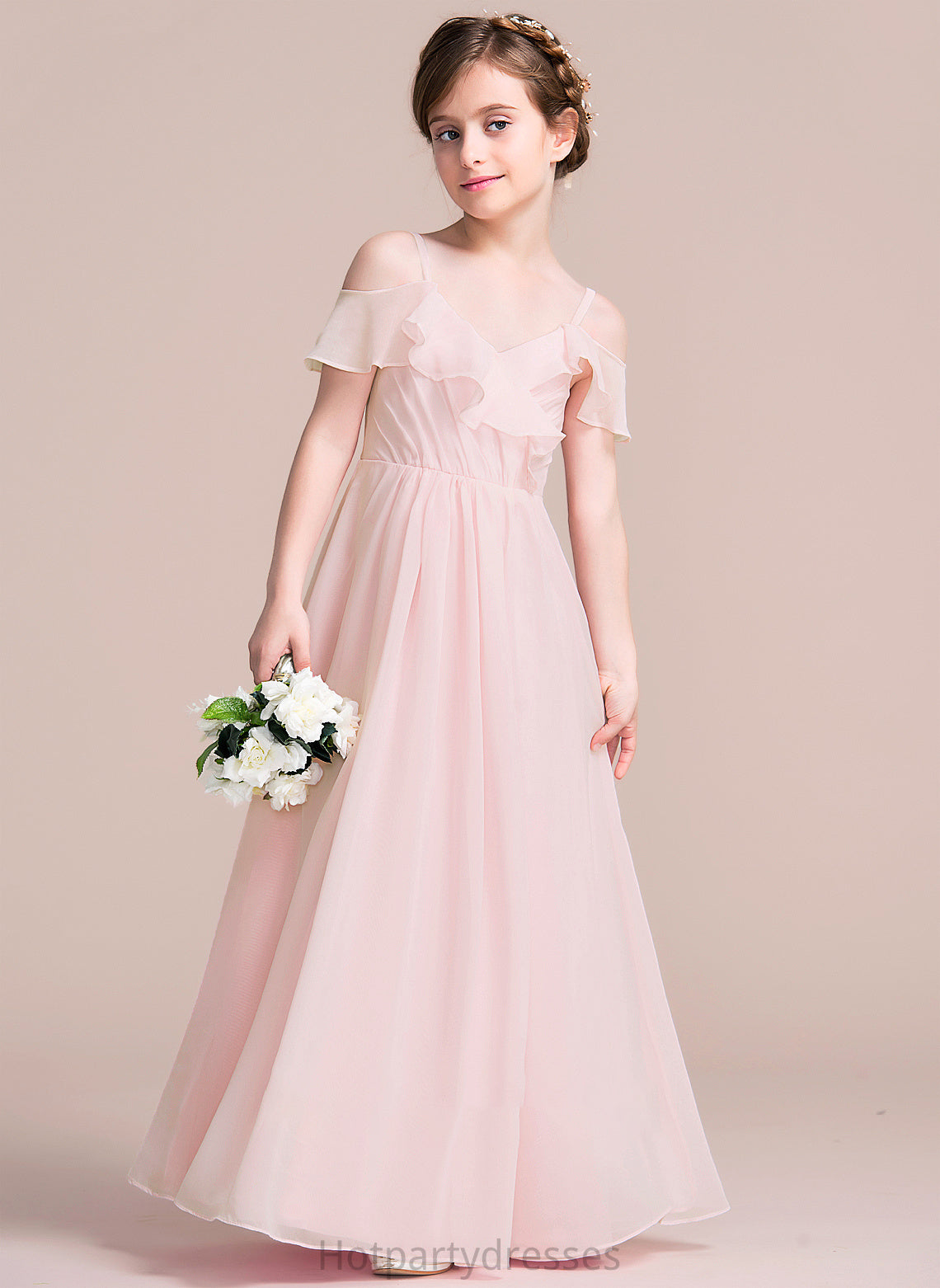 Kaylah Junior Bridesmaid Dresses Floor-Length Cascading Ruffles Chiffon V-neck A-Line With