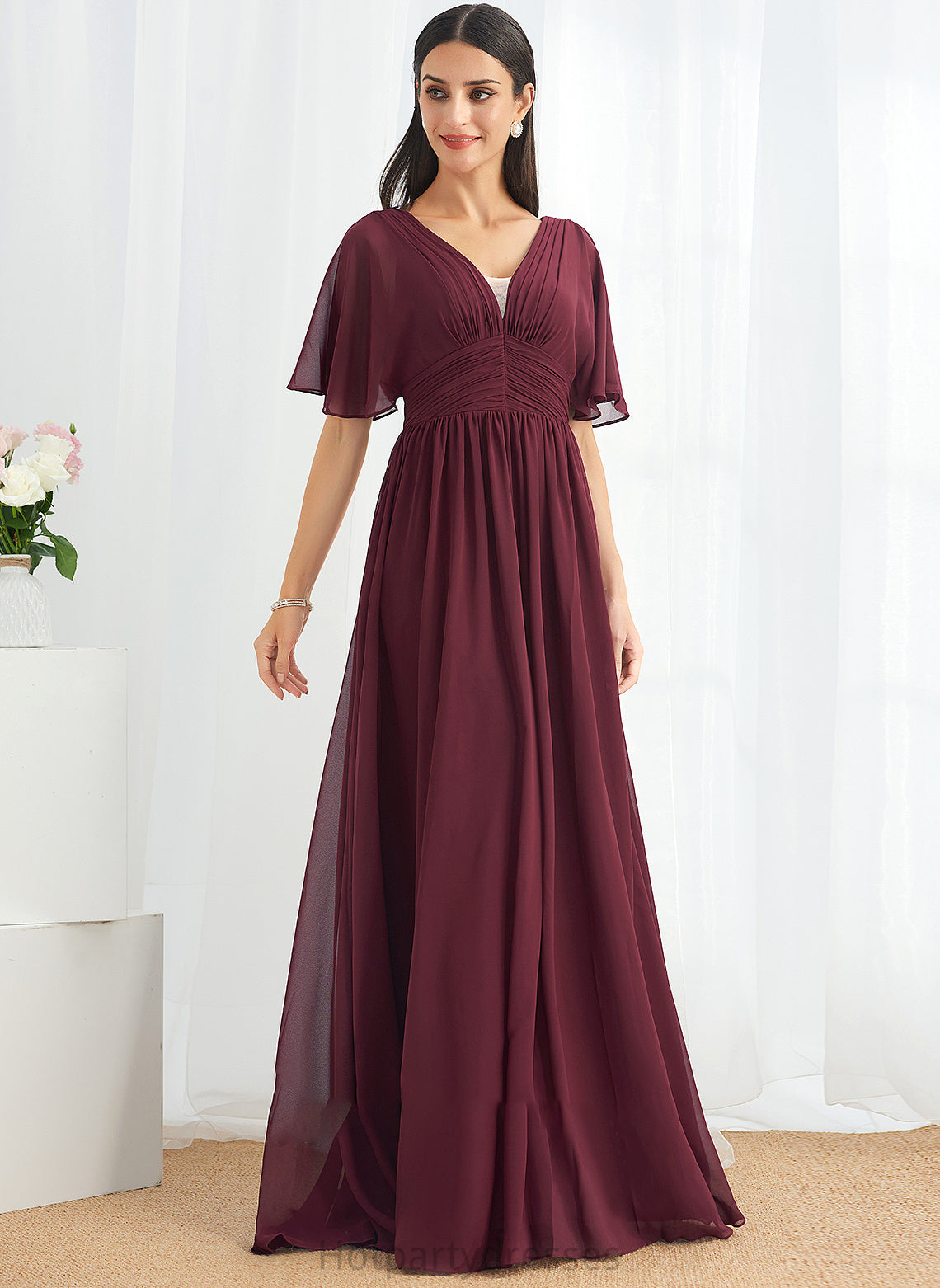Floor-Length A-Line Ruffle Neckline Fabric Length Embellishment Silhouette V-neck Elisa Scoop Knee Length Bridesmaid Dresses