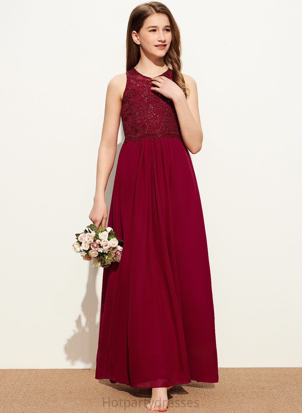 Neck Floor-Length With Anastasia Chiffon Scoop A-Line Sequins Lace Junior Bridesmaid Dresses