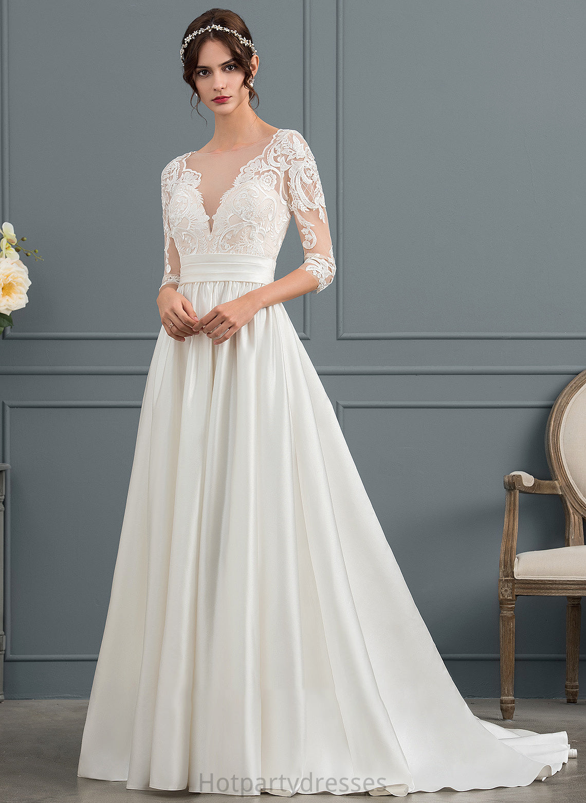 Court Hayley Train Neck Wedding Ruffle Scoop Dress Wedding Dresses With Satin Ball-Gown/Princess