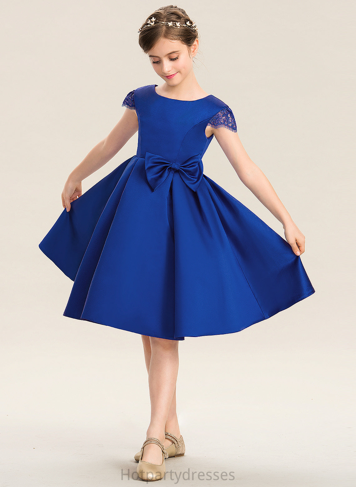 Lace Cadence Scoop Knee-Length With Bow(s) Junior Bridesmaid Dresses Neck A-Line Satin