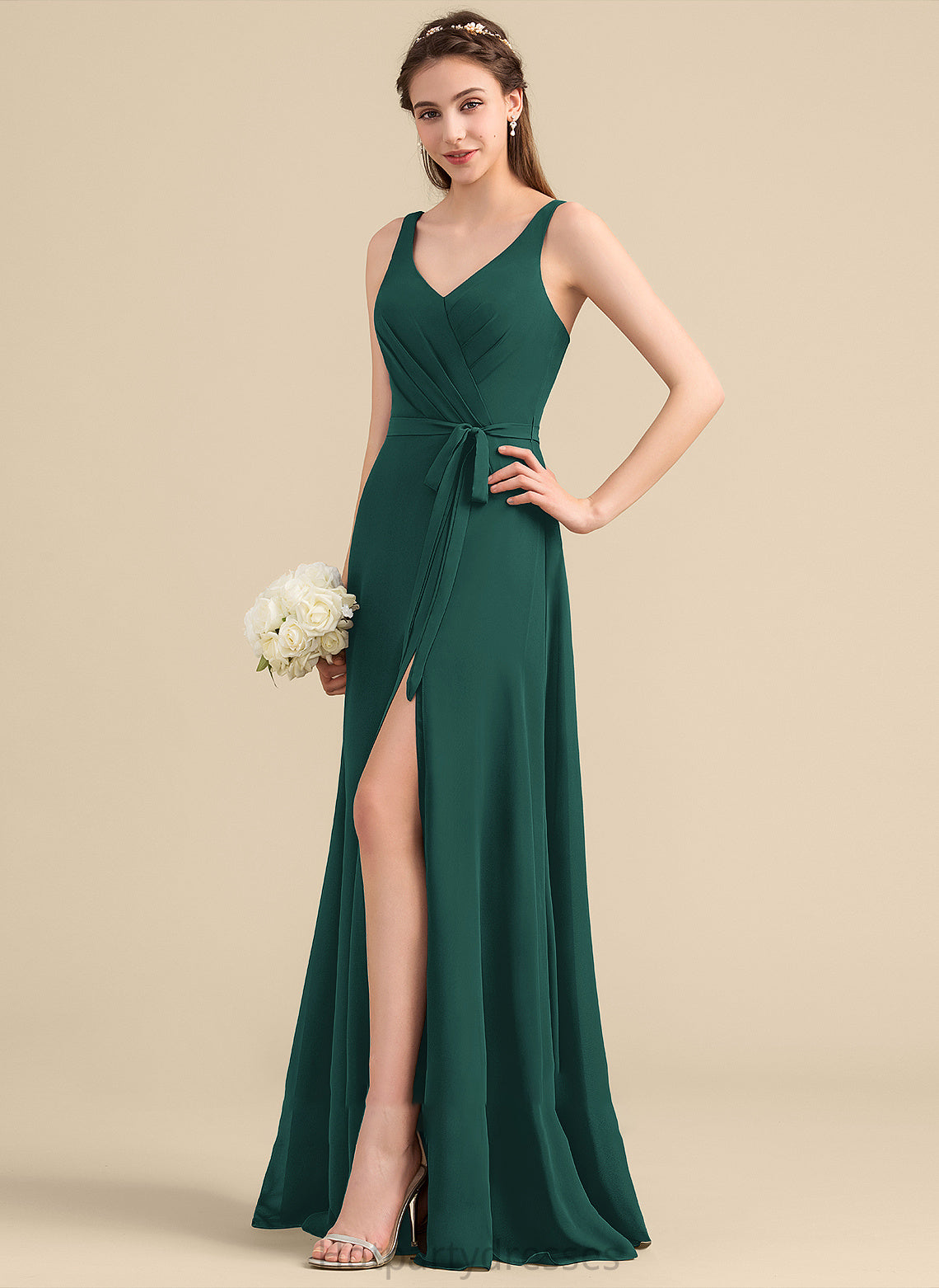 Neckline Silhouette SplitFront Floor-Length Length Bow(s) Ruffle A-Line V-neck Fabric Embellishment Bria Bridesmaid Dresses