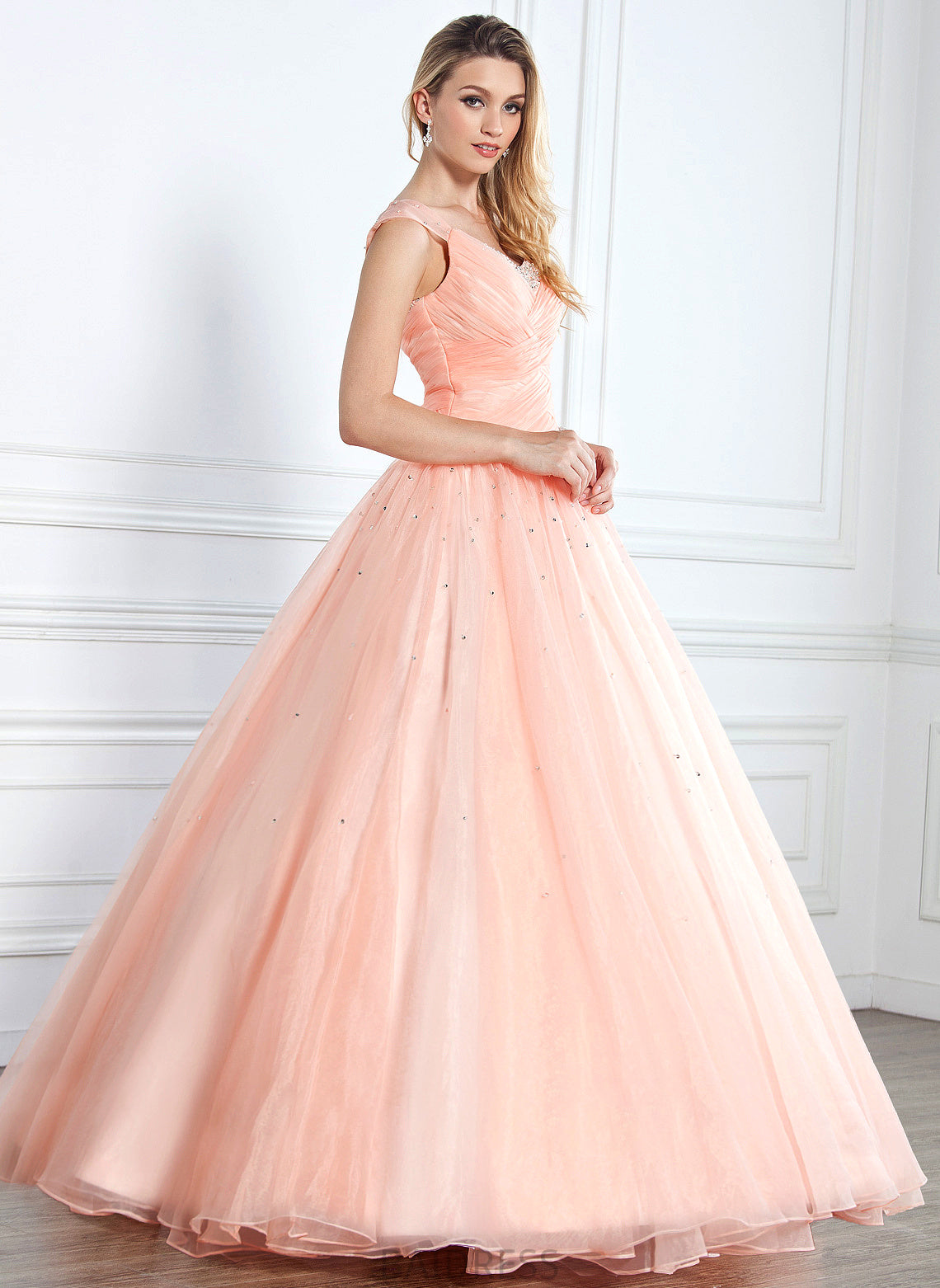 Prom Dresses Ball-Gown/Princess V-neck Organza Beading With Skyler Floor-Length Ruffle Sequins
