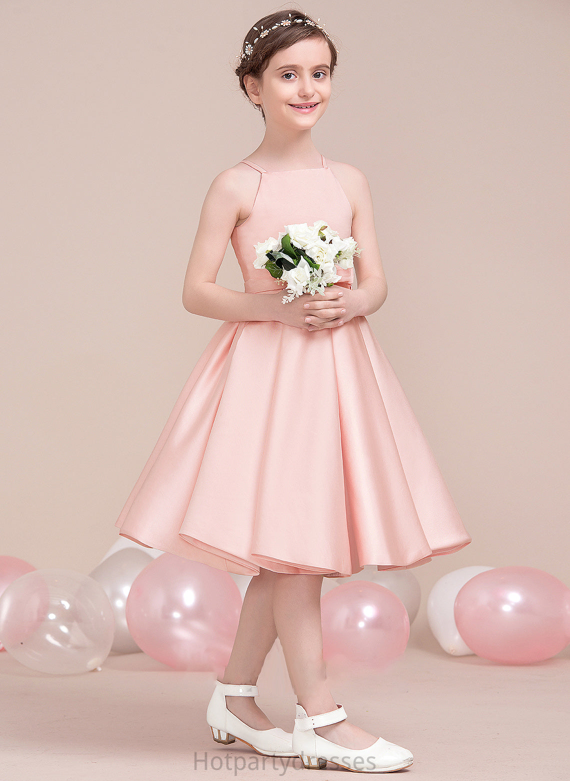 Neckline With Satin Emilia Knee-Length Square Bow(s) A-Line Junior Bridesmaid Dresses