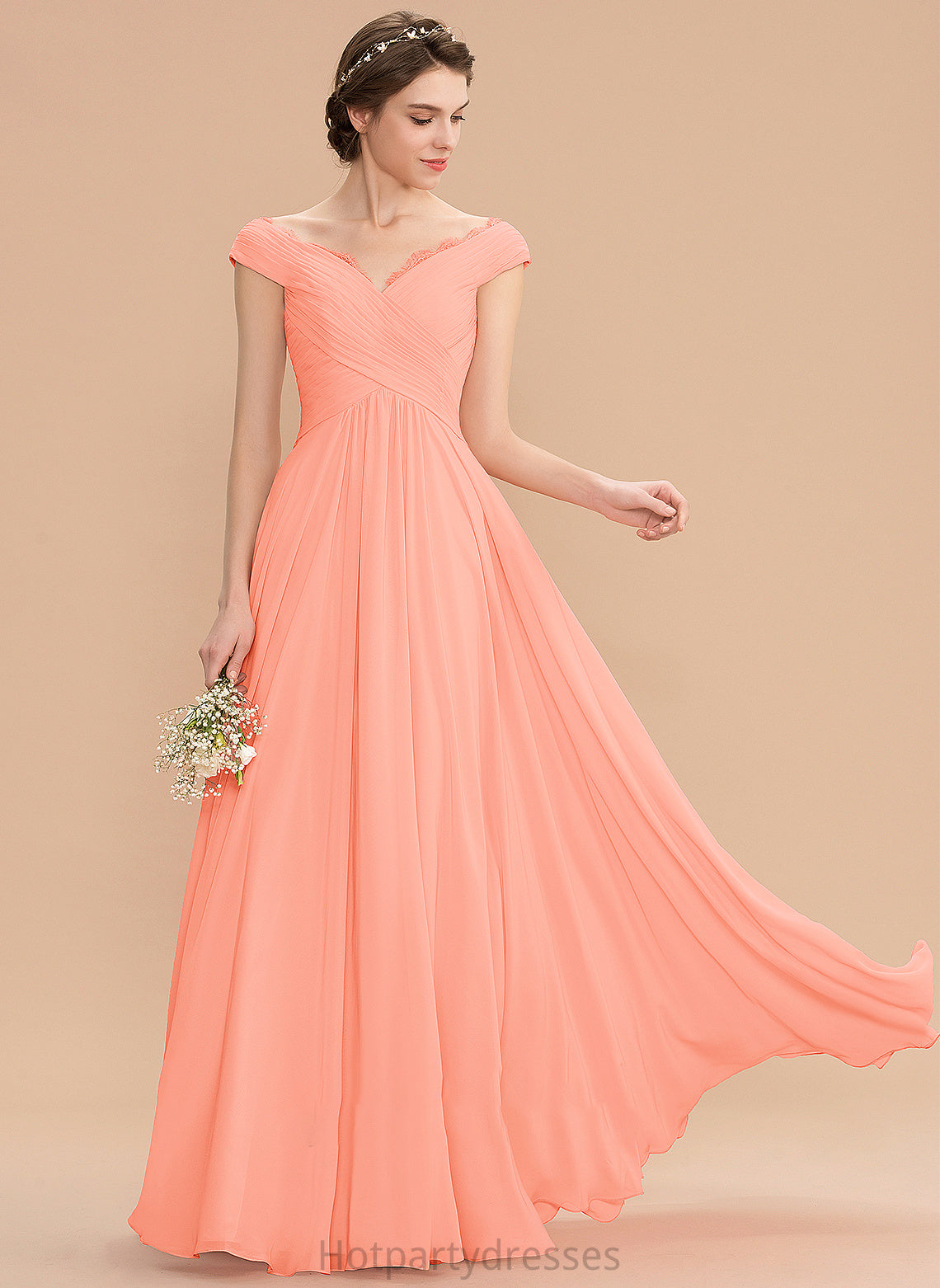 Fabric A-Line Silhouette Off-the-Shoulder Embellishment Floor-Length Length Ruffle Lace Neckline Esther Floor Length Bridesmaid Dresses