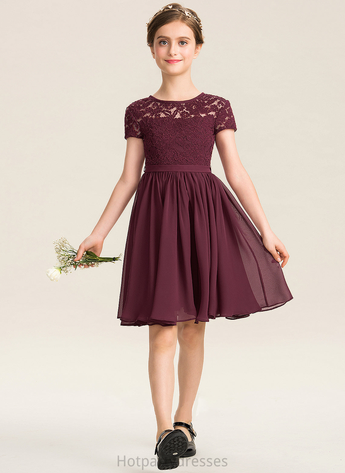 Knee-Length Bow(s) Chiffon Lace Caitlyn A-Line Neck With Junior Bridesmaid Dresses Scoop
