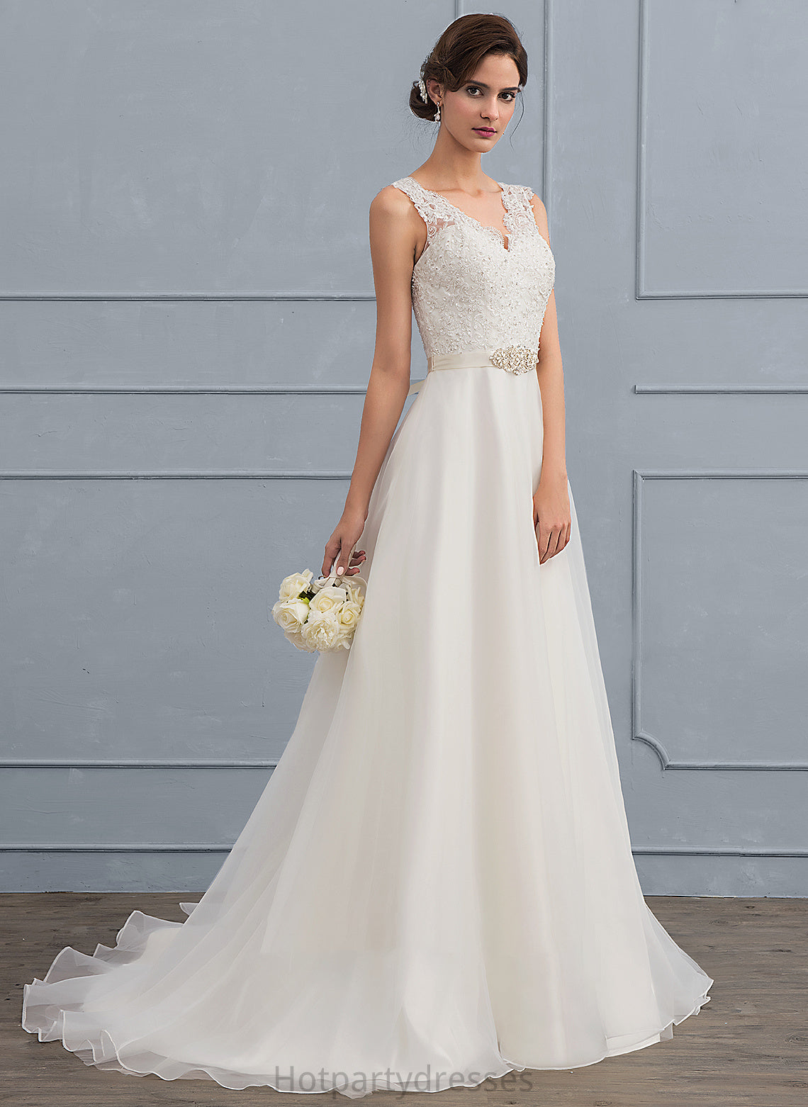 Rebecca A-Line Train Beading Wedding Sweep V-neck Wedding Dresses Bow(s) With Dress Organza
