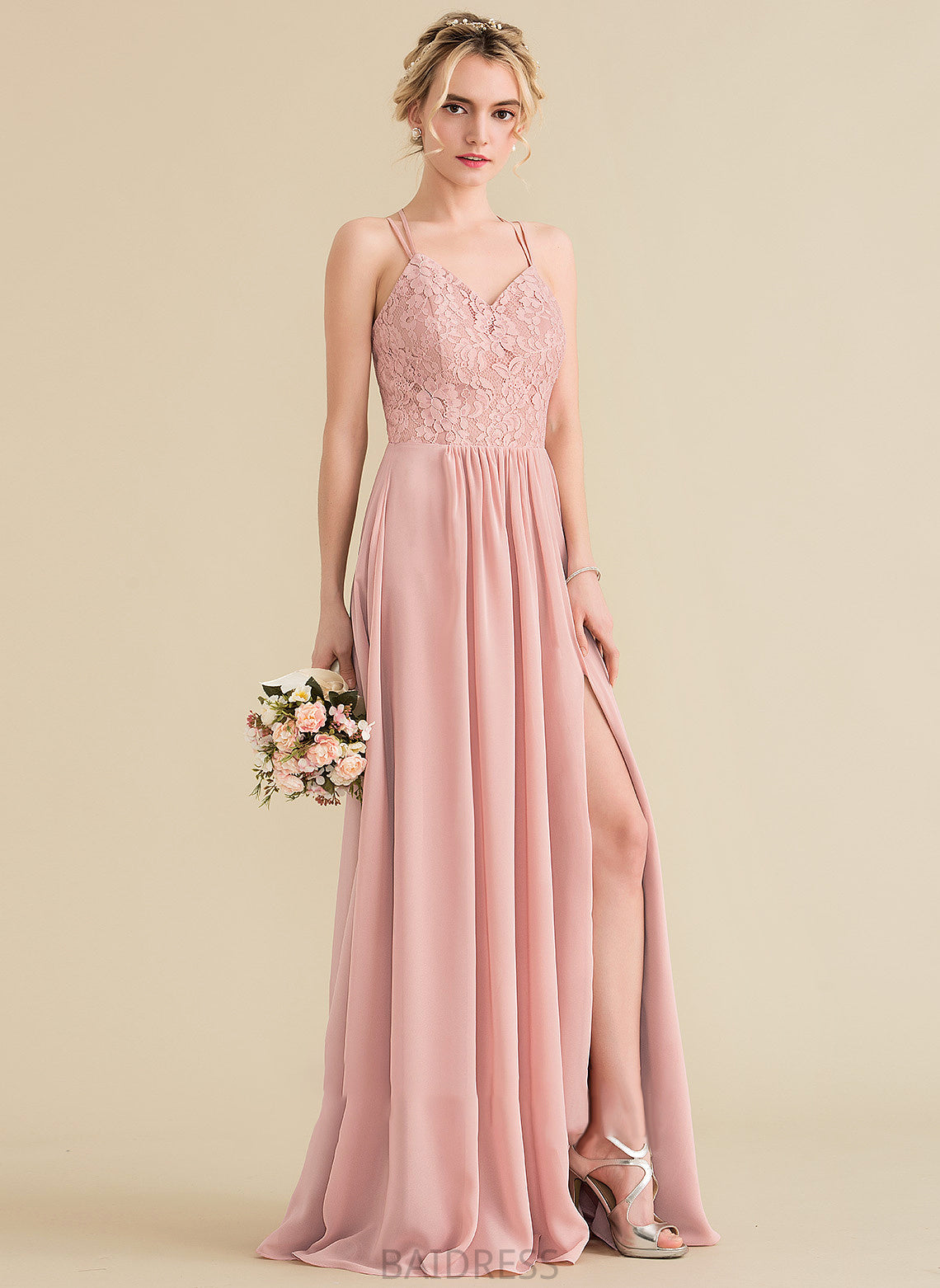 A-Line Split Prom Dresses Front Chiffon Madilynn Lace With Floor-Length Sweetheart