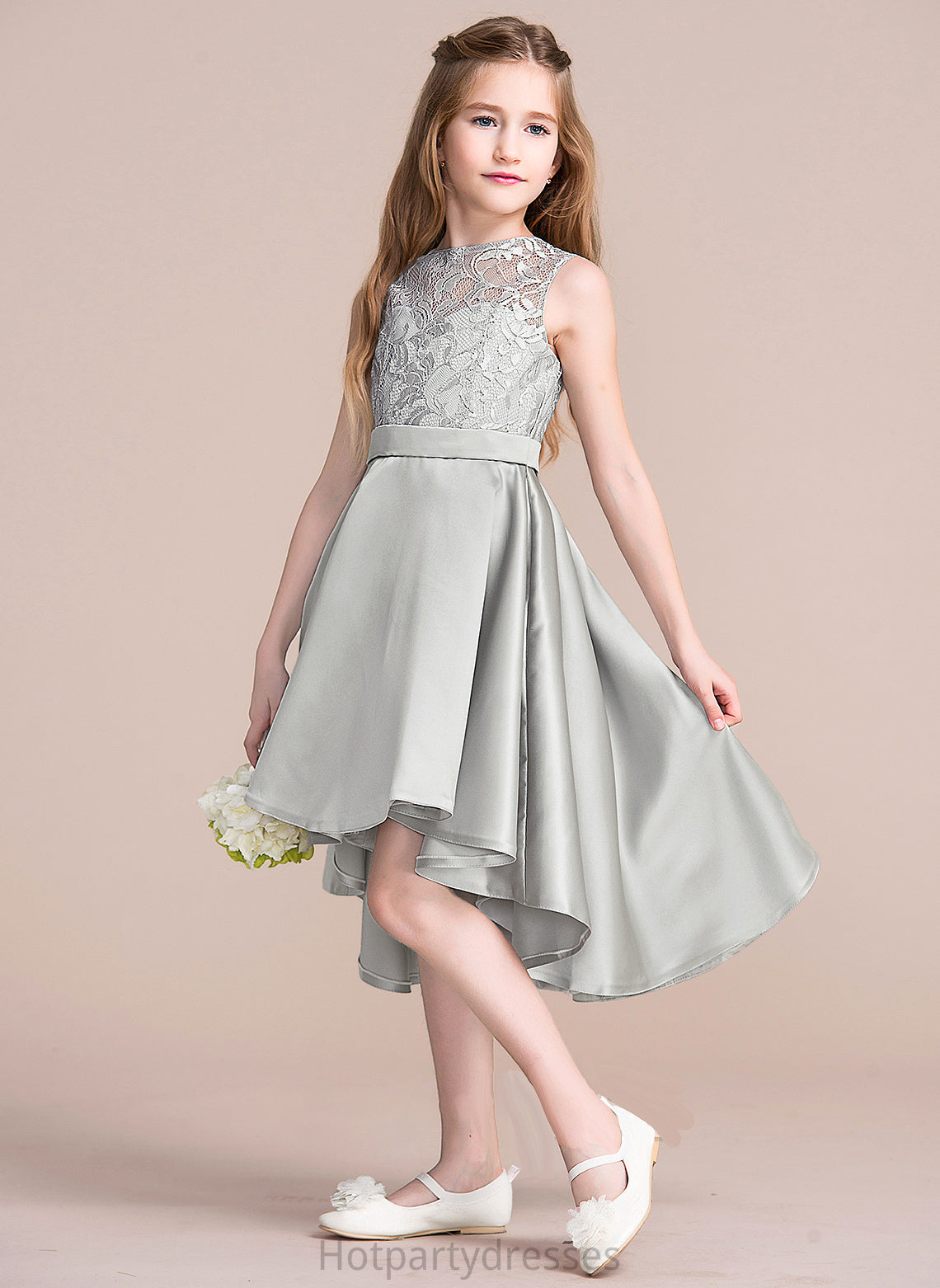Satin Junior Bridesmaid Dresses Scoop Asymmetrical A-Line Neck Allison