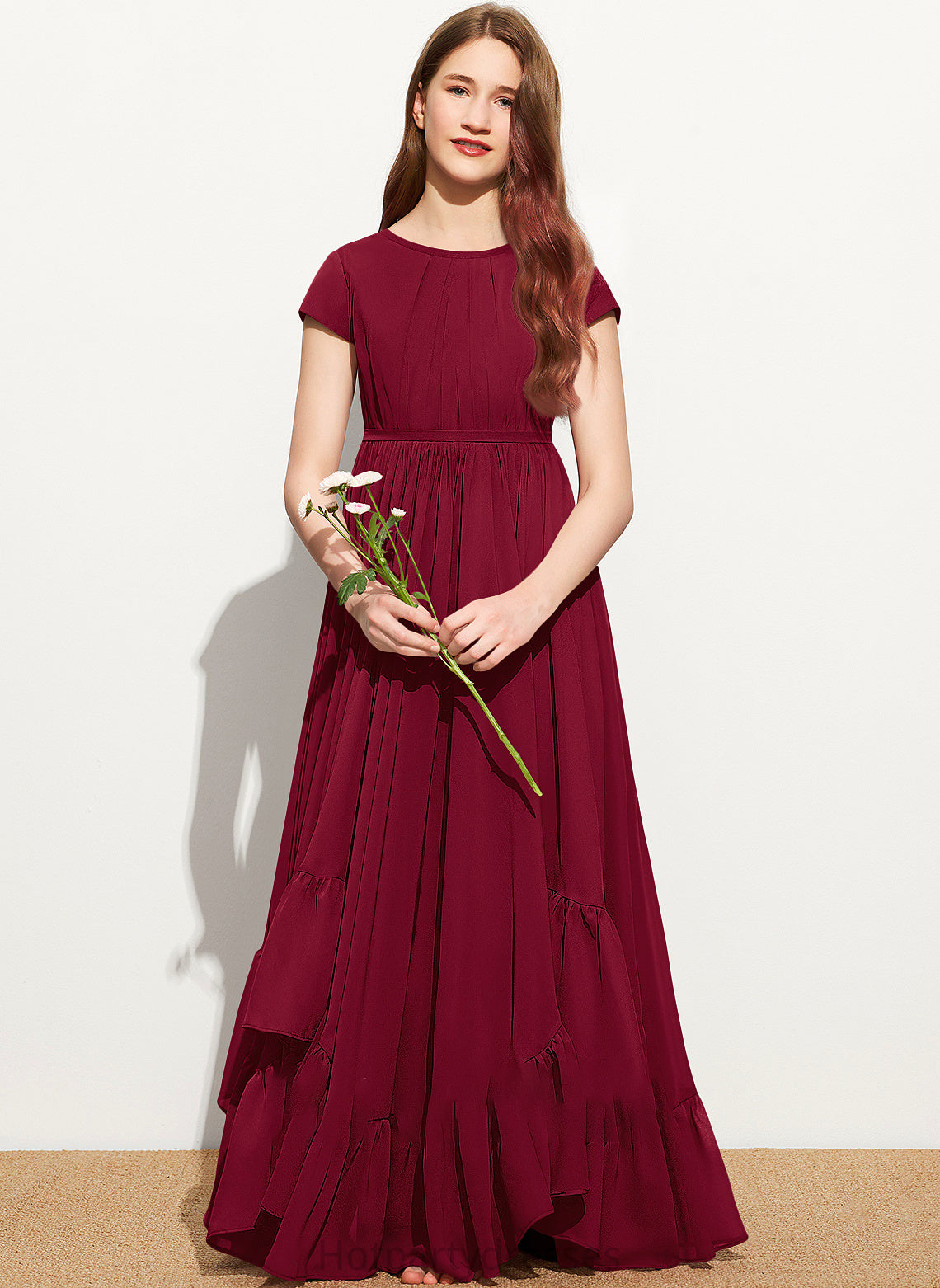 Bow(s) Floor-Length Chiffon Lace Scoop With A-Line Junior Bridesmaid Dresses Neck Appliques Ruffles Cascading Angie