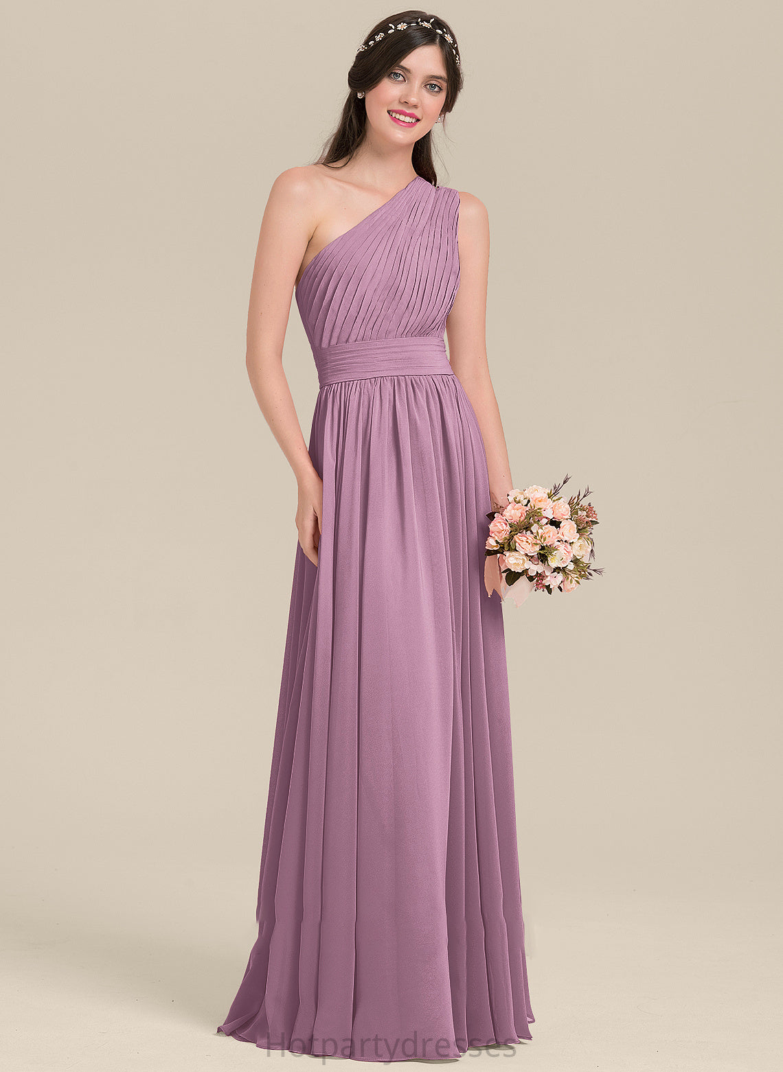 Silhouette Neckline Floor-Length A-Line Fabric Ruffle Embellishment One-Shoulder Length Perla Natural Waist Floor Length Bridesmaid Dresses