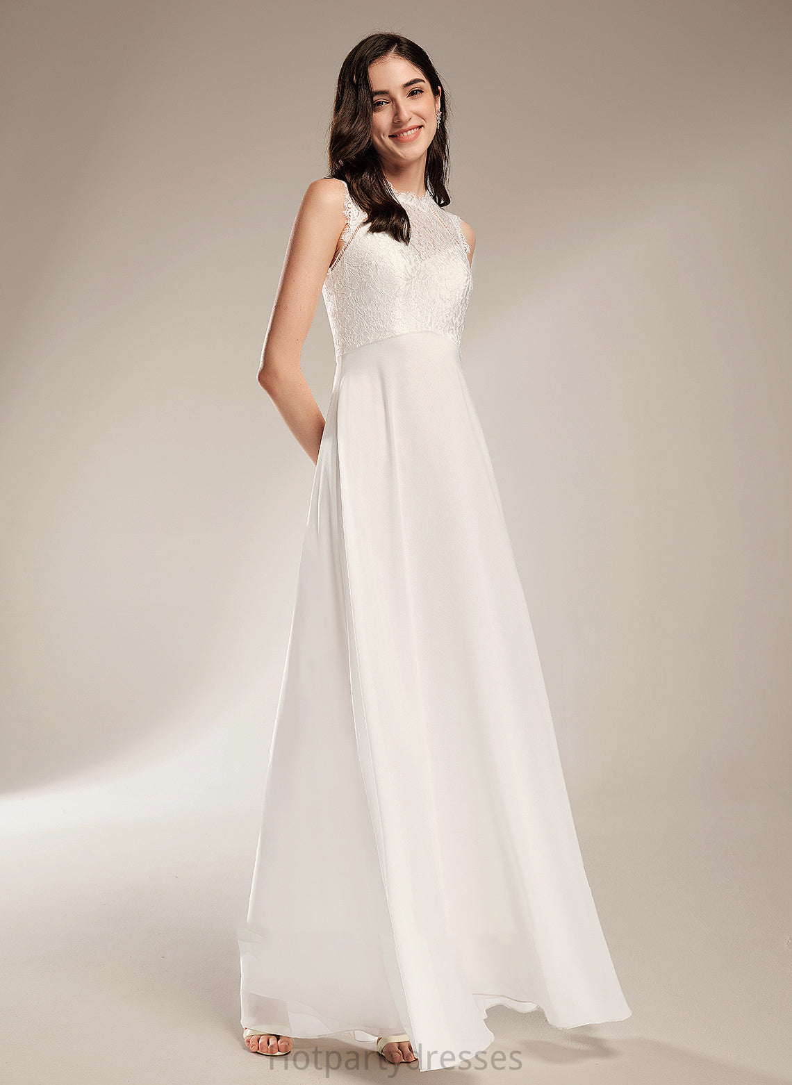 With Dress A-Line Abby Neck Lace Floor-Length Wedding Dresses Wedding Scoop