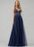 Tulle Front V-neck Elise Prom Dresses Beading Floor-Length Split With Sequins A-Line