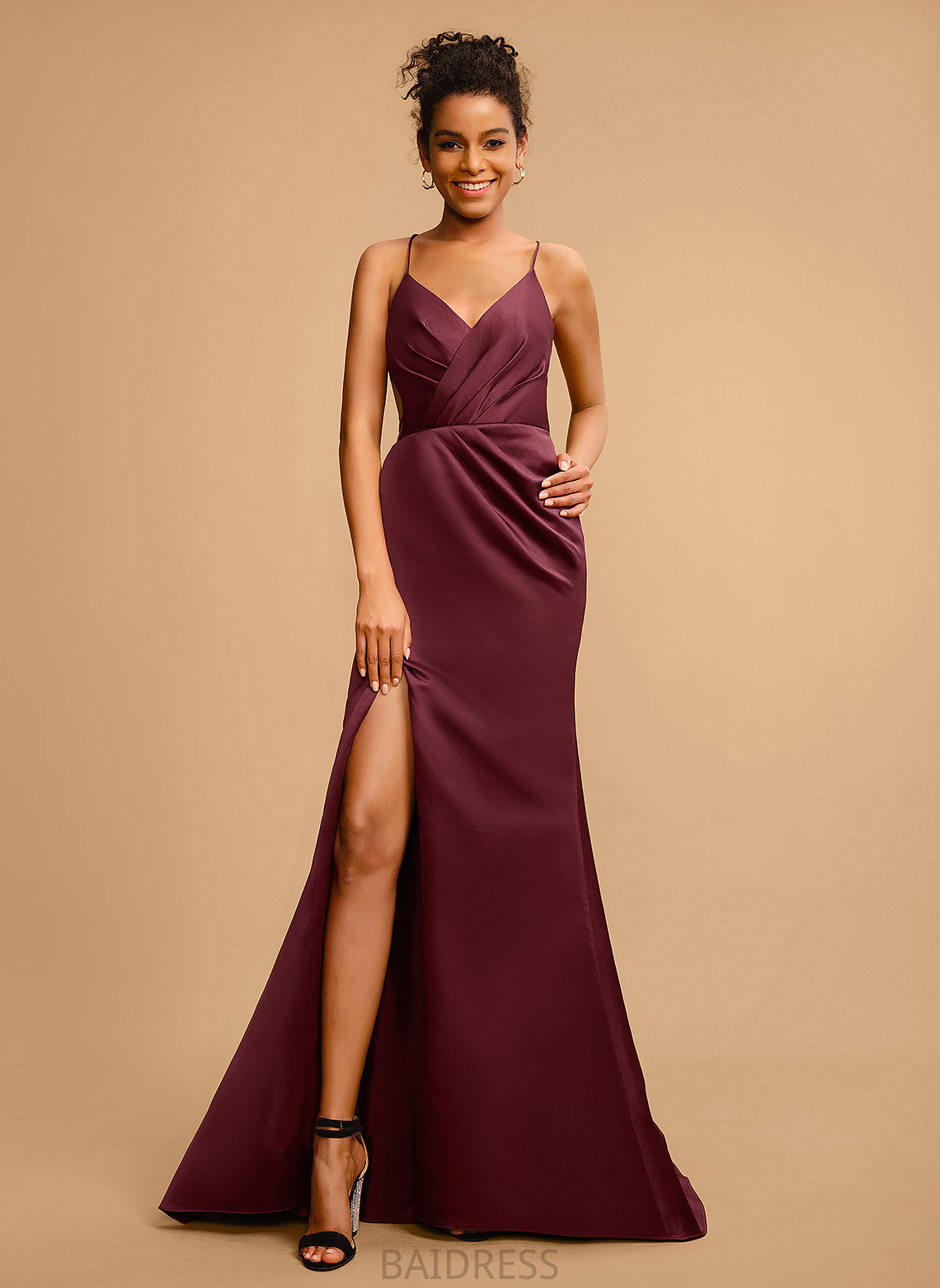 Sweep With Sheath/Column Pleated Train Prom Dresses Satin Shyanne V-neck