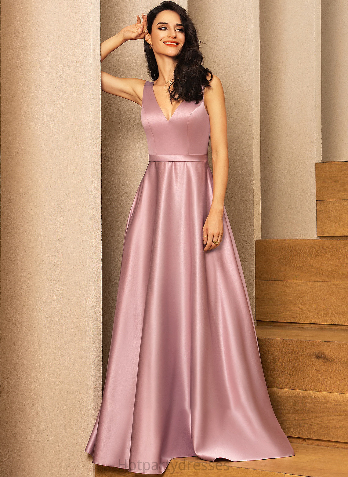 Floor-Length V-neck Fabric Embellishment Pockets Satin Straps Neckline Length Heidy A-Line/Princess V-Neck Bridesmaid Dresses