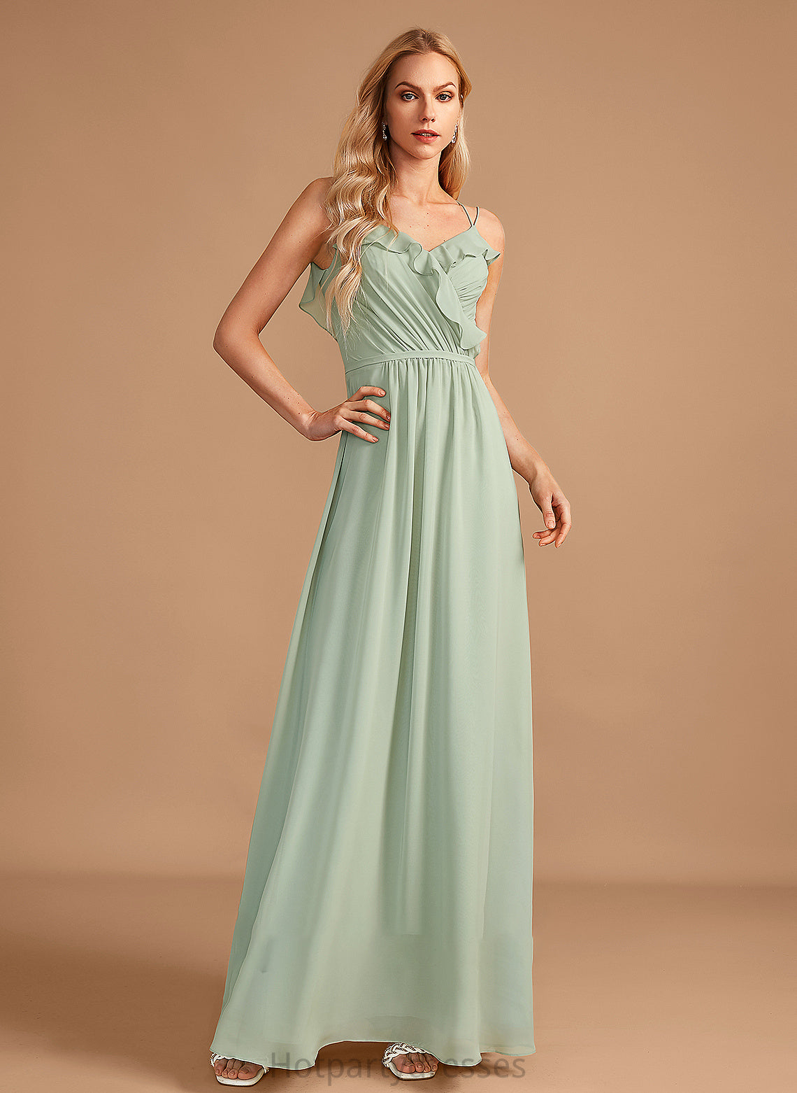 V-neck Floor-Length Silhouette Fabric A-Line Ruffle Embellishment Length Neckline Bailey A-Line/Princess Floor Length Bridesmaid Dresses