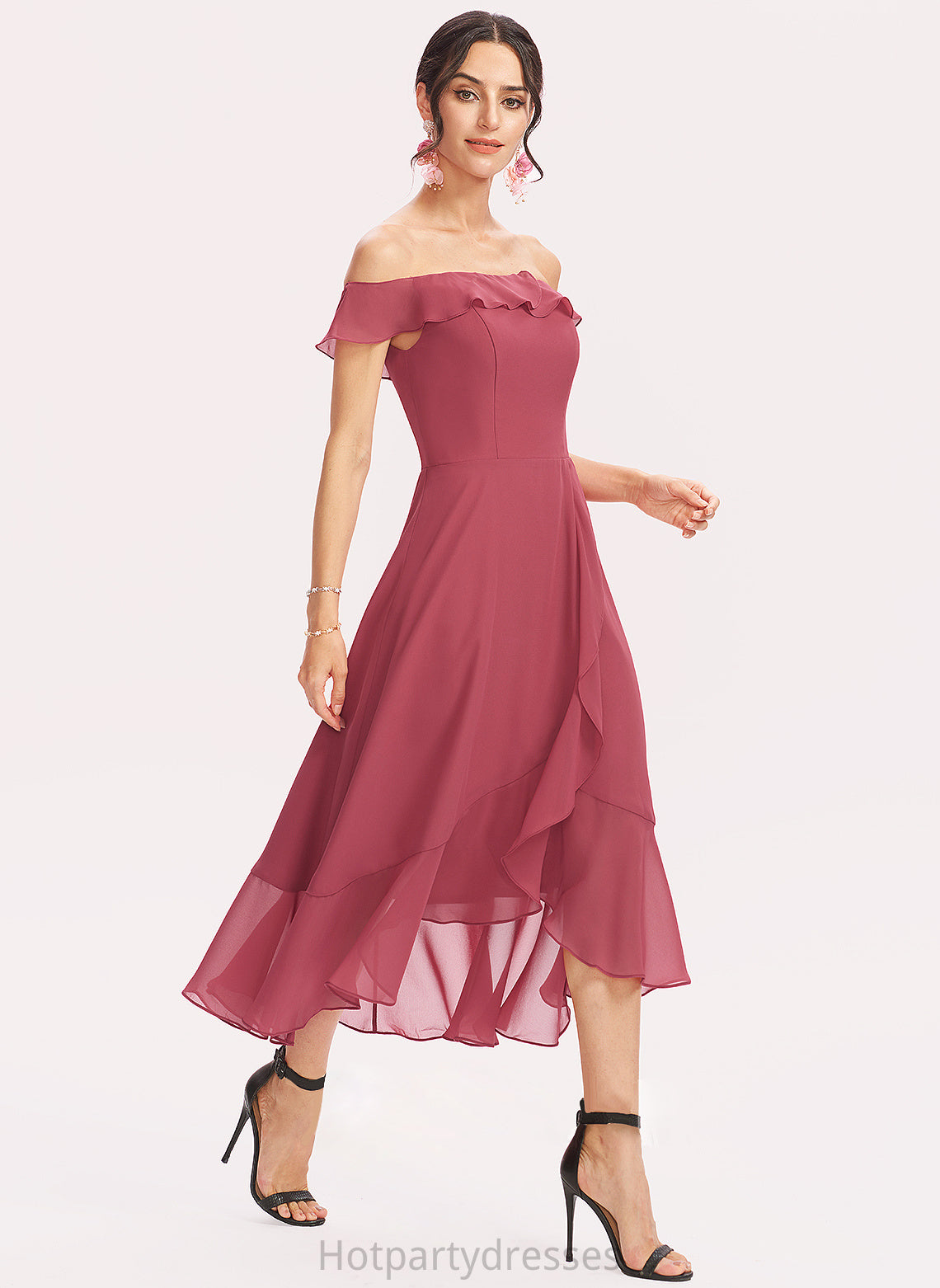 Silhouette Neckline CascadingRuffles Off-the-Shoulder Tea-Length A-Line Embellishment Length Fabric Trinity A-Line/Princess Sleeveless Bridesmaid Dresses