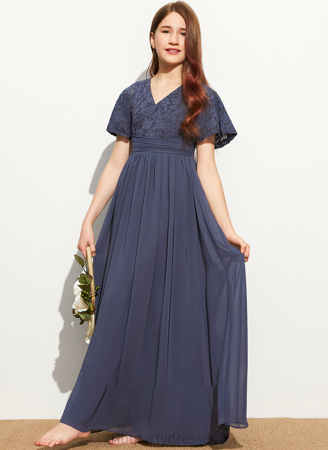 Skylar Floor-Length Junior Bridesmaid Dresses Lace With A-Line V-neck Bow(s) Chiffon