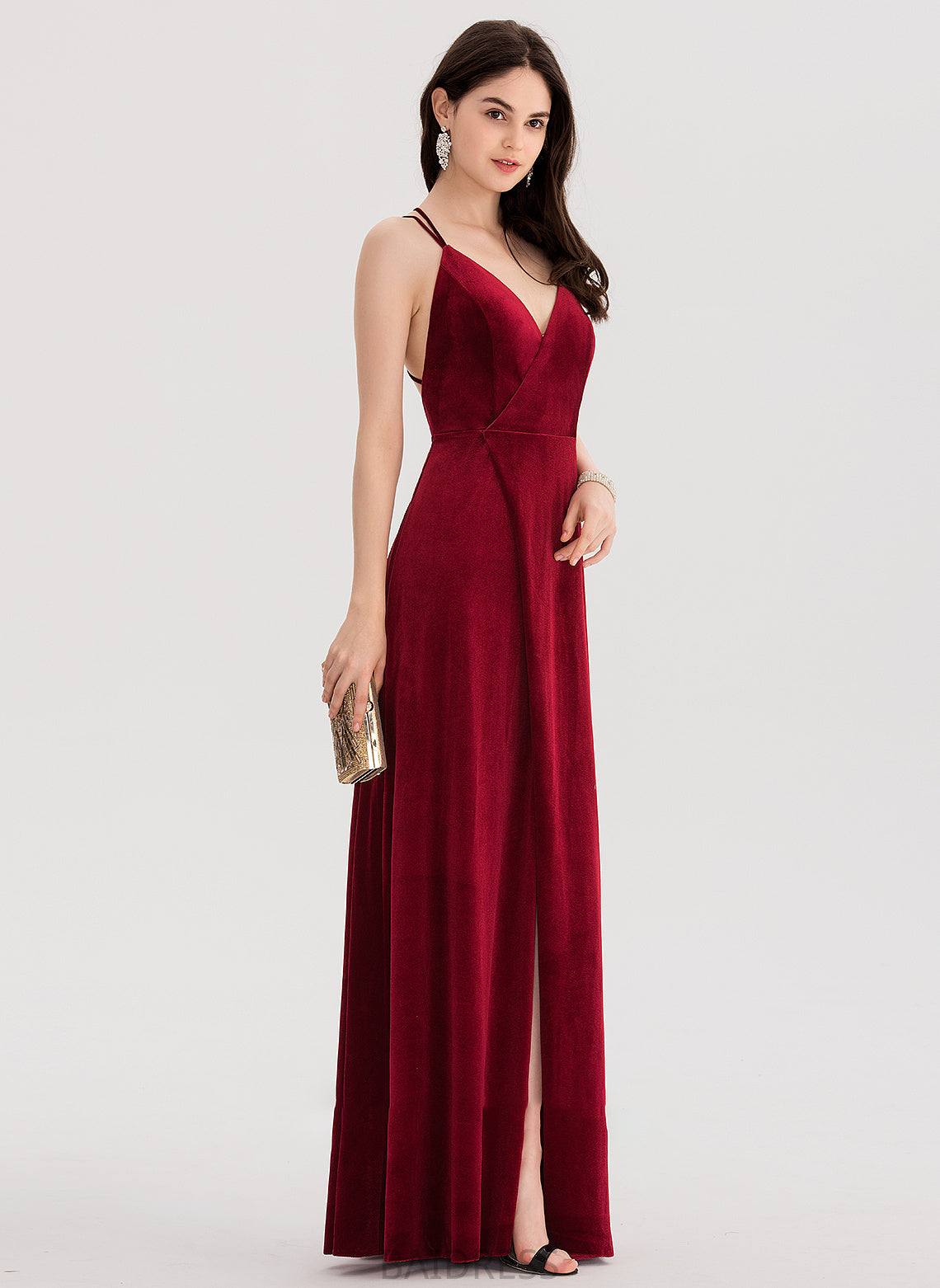 Karina Floor-Length Velvet V-neck Prom Dresses Front Split With A-Line