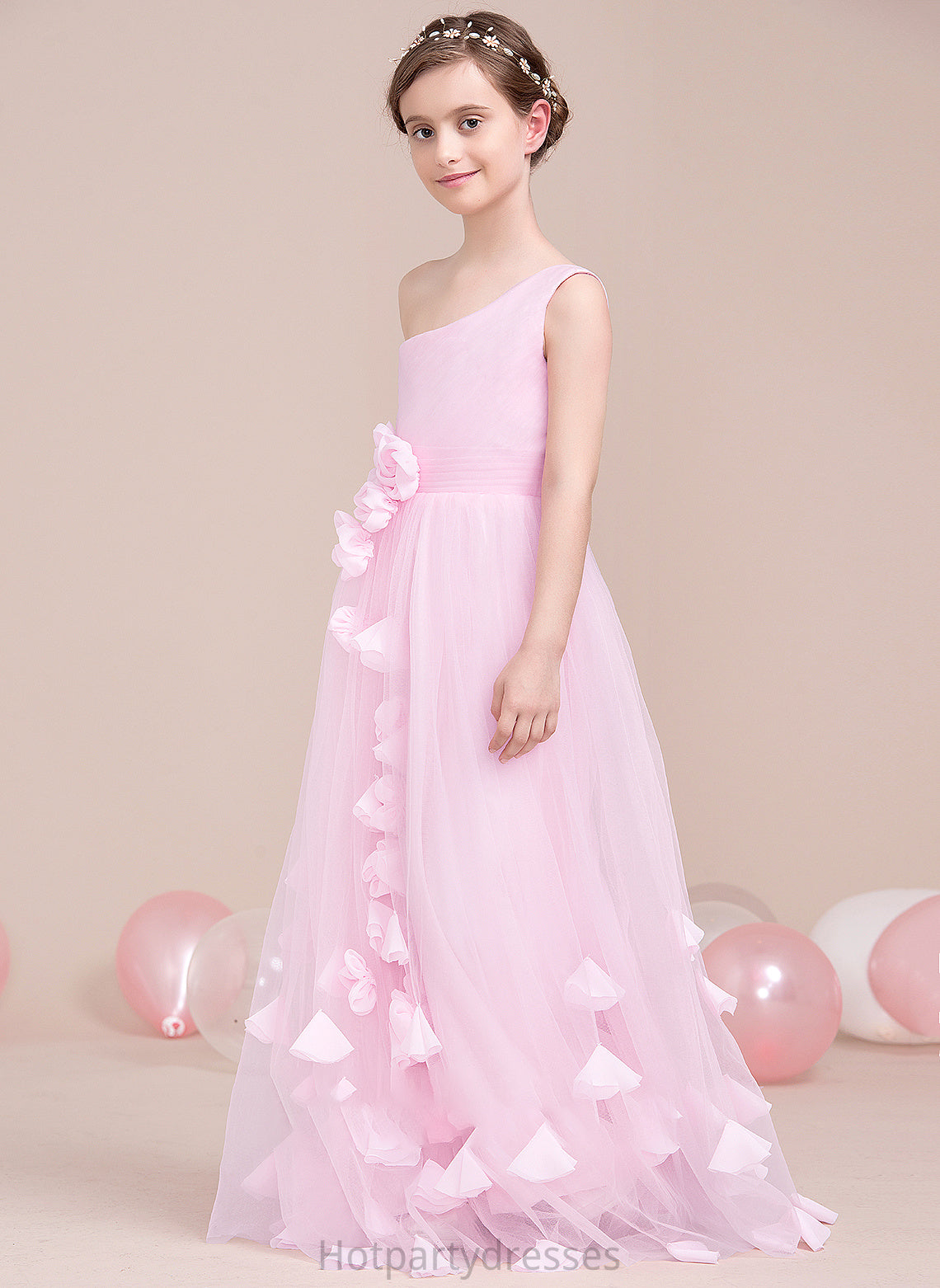 Tulle With Flower(s) One-Shoulder A-Line Ava Junior Bridesmaid Dresses Floor-Length Ruffle