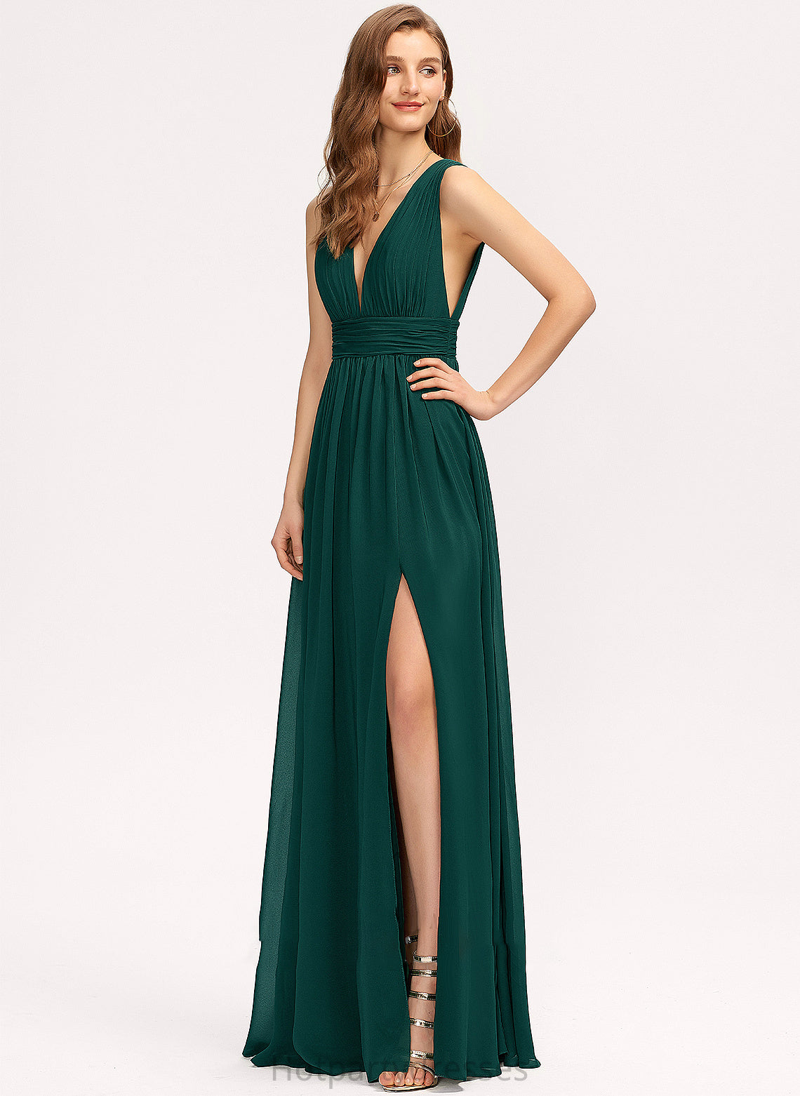 Fabric A-Line Silhouette Floor-Length Neckline V-neck Length Embellishment SplitFront Emmy Spaghetti Staps A-Line/Princess Bridesmaid Dresses