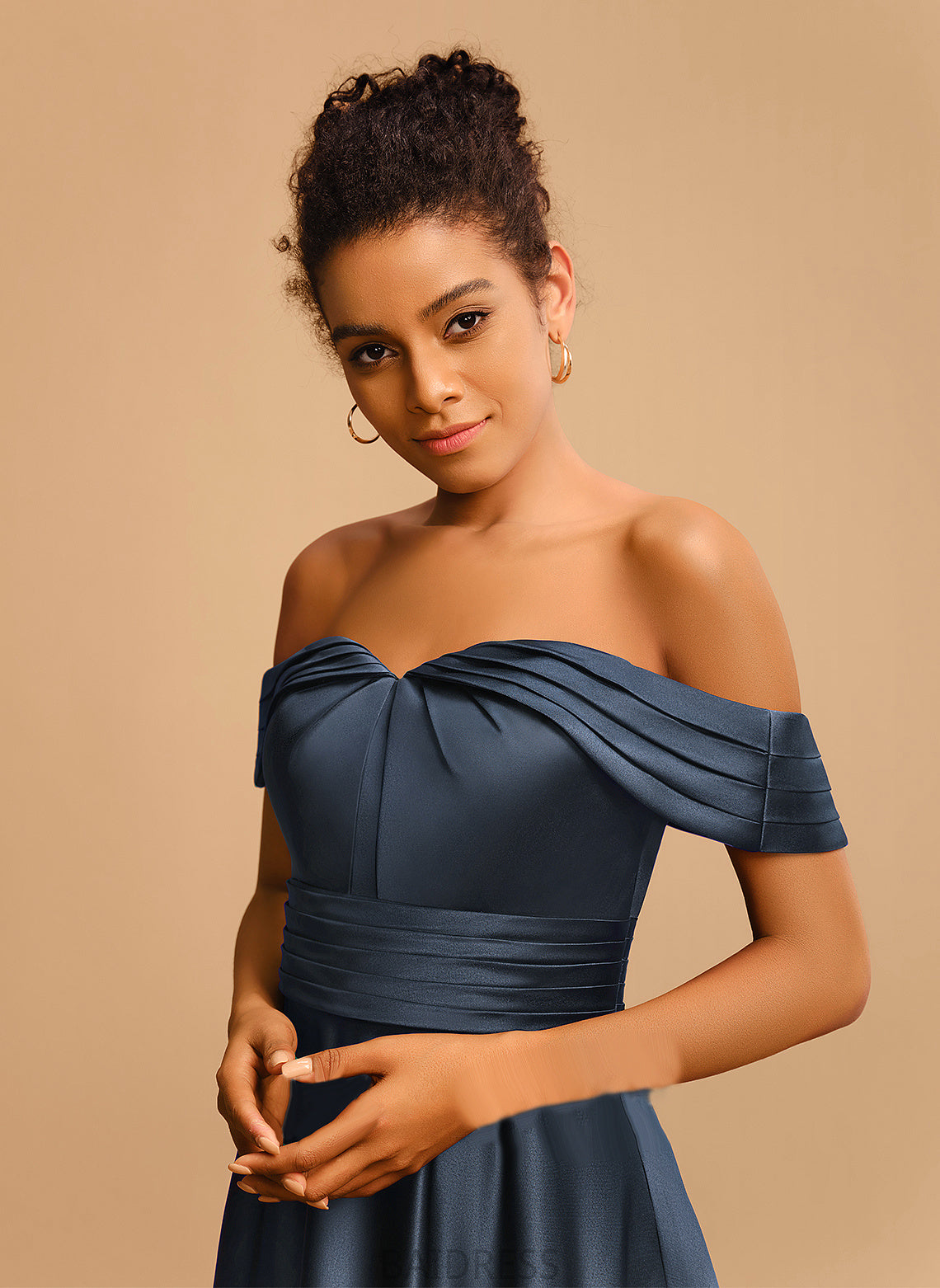 With A-Line Satin Off-the-Shoulder Camille Pleated Floor-Length Prom Dresses