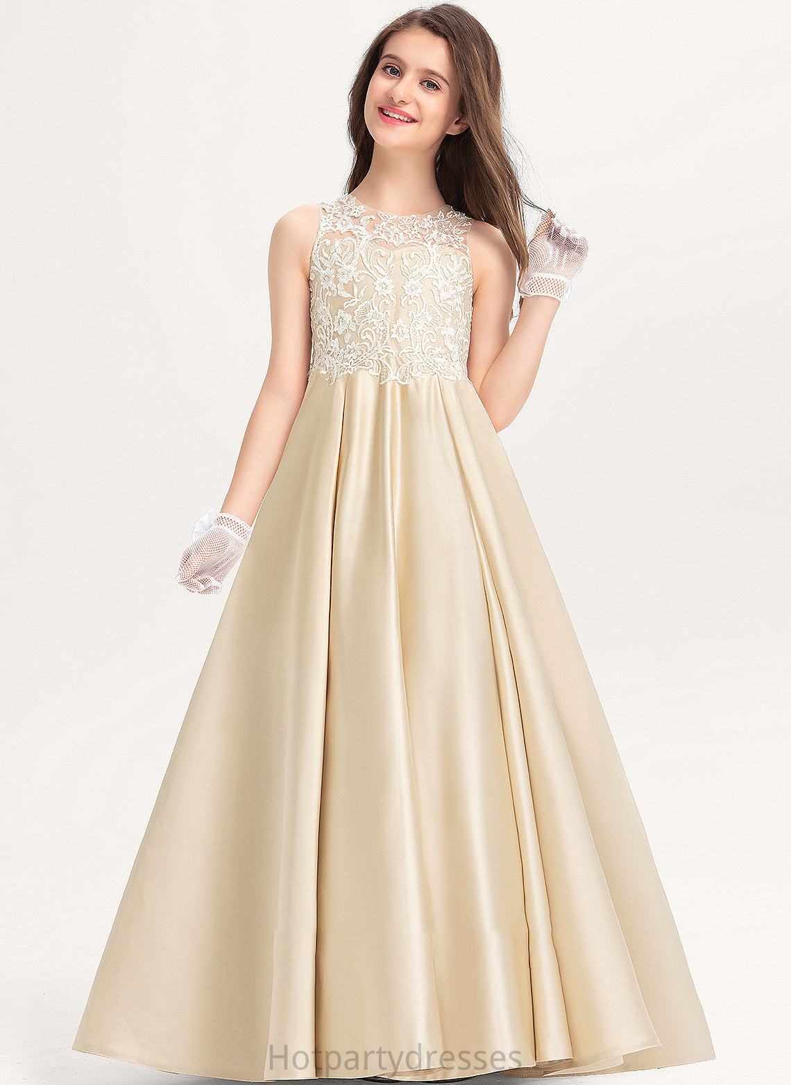 Neck Lace Junior Bridesmaid Dresses Melany Floor-Length Satin Scoop Ball-Gown/Princess