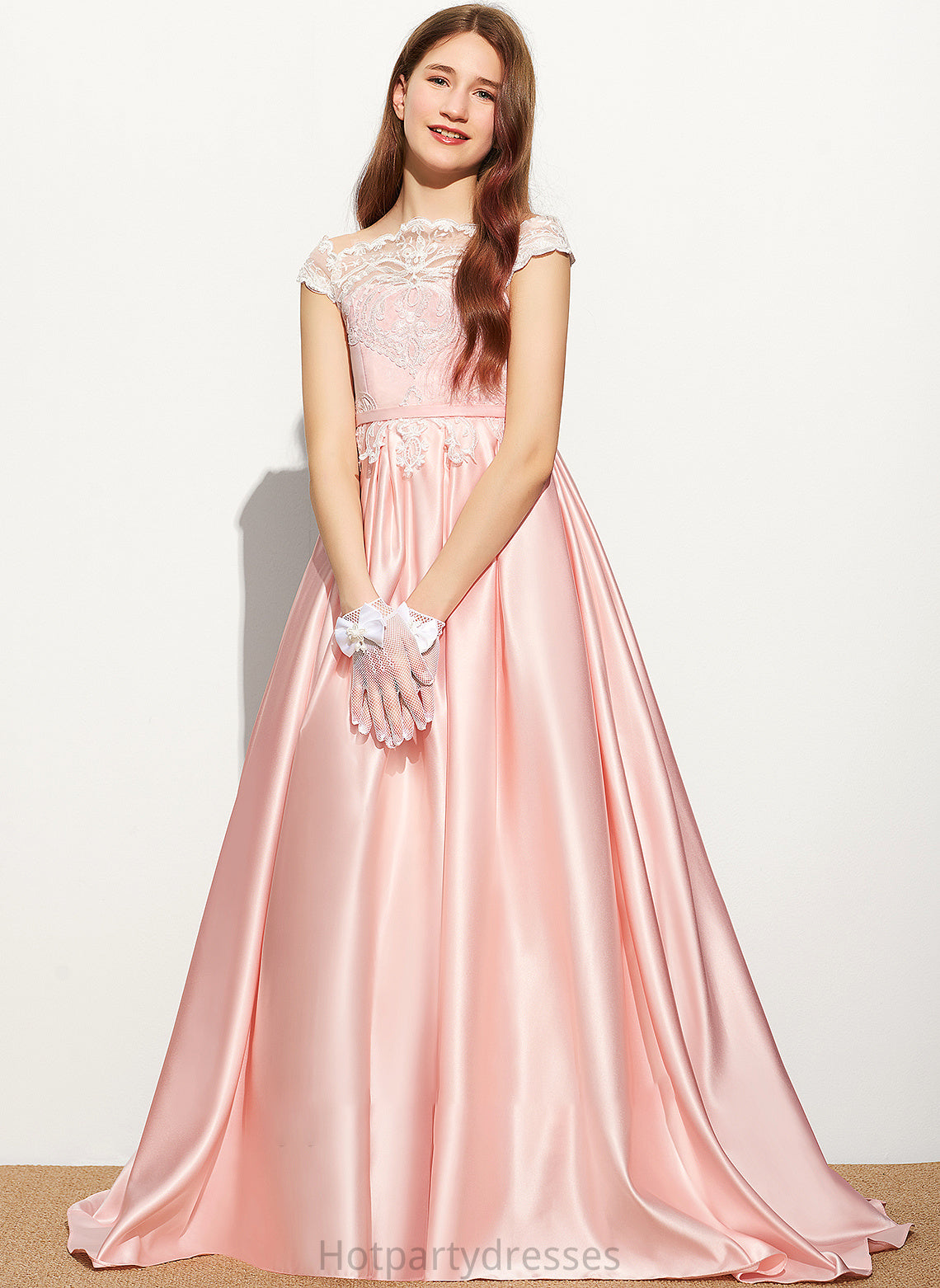 Jimena Junior Bridesmaid Dresses Train Off-the-Shoulder Lace Ball-Gown/Princess Sweep Satin