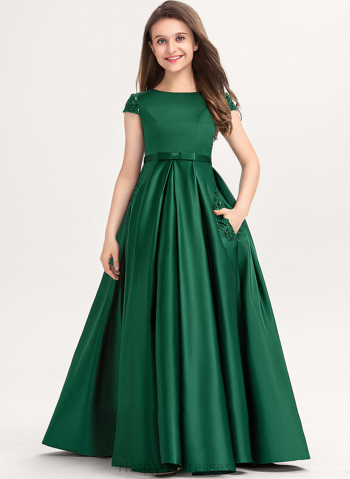 Floor-Length Satin Bow(s) Pockets Ariel Ball-Gown/Princess Lace Neck Junior Bridesmaid Dresses Scoop With